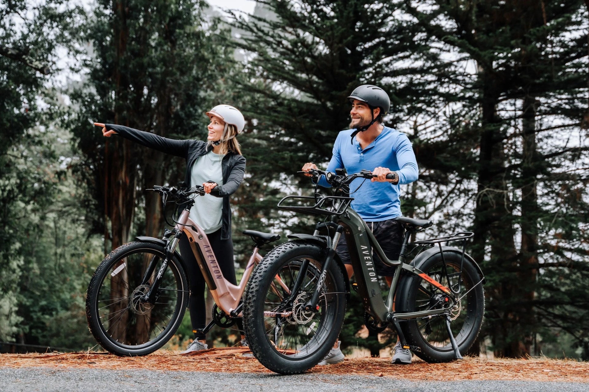 a couple riding their aventon bikes