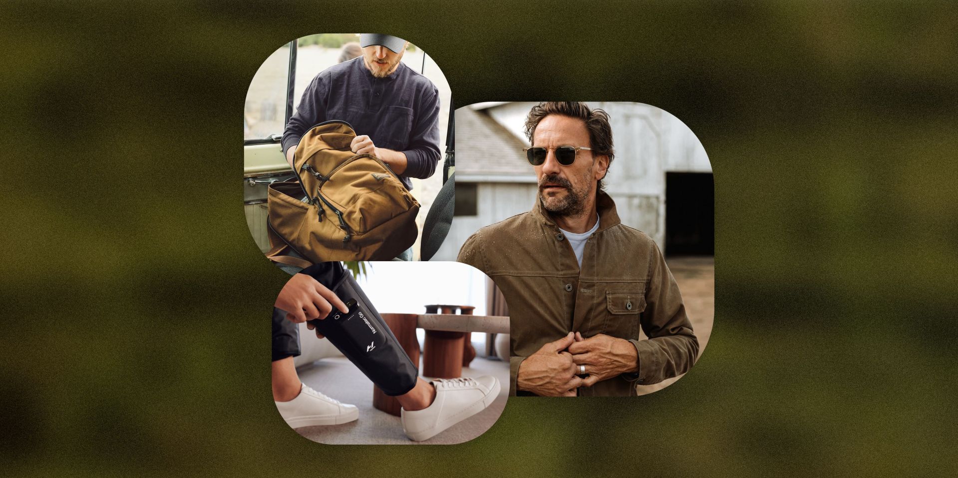 collage of a backpack, man in a wax jacket and someone using a hyperice go on their leg