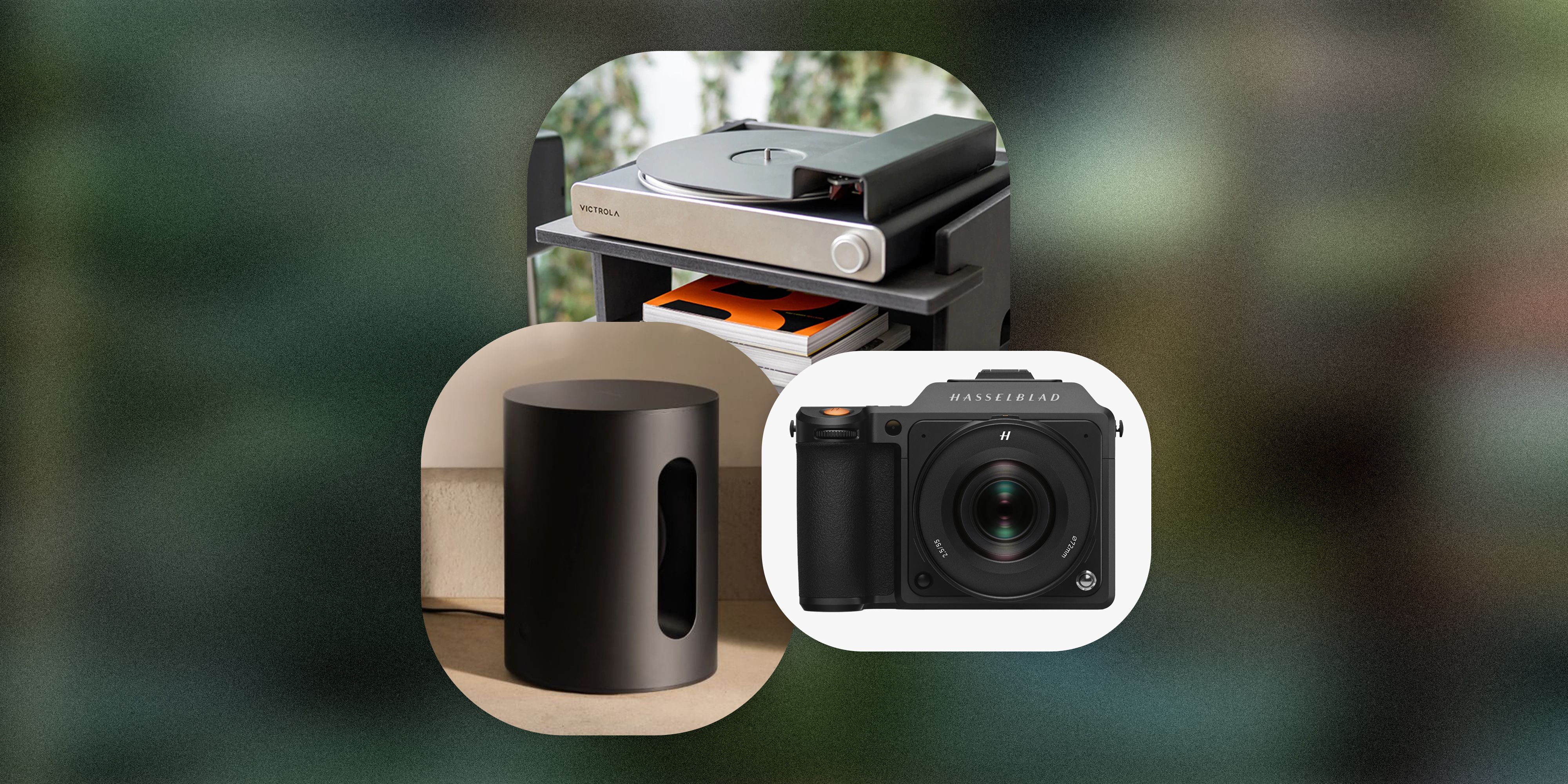 collage of a speaker, a record player, and a camera