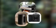 collage of a speaker, a record player, and a camera