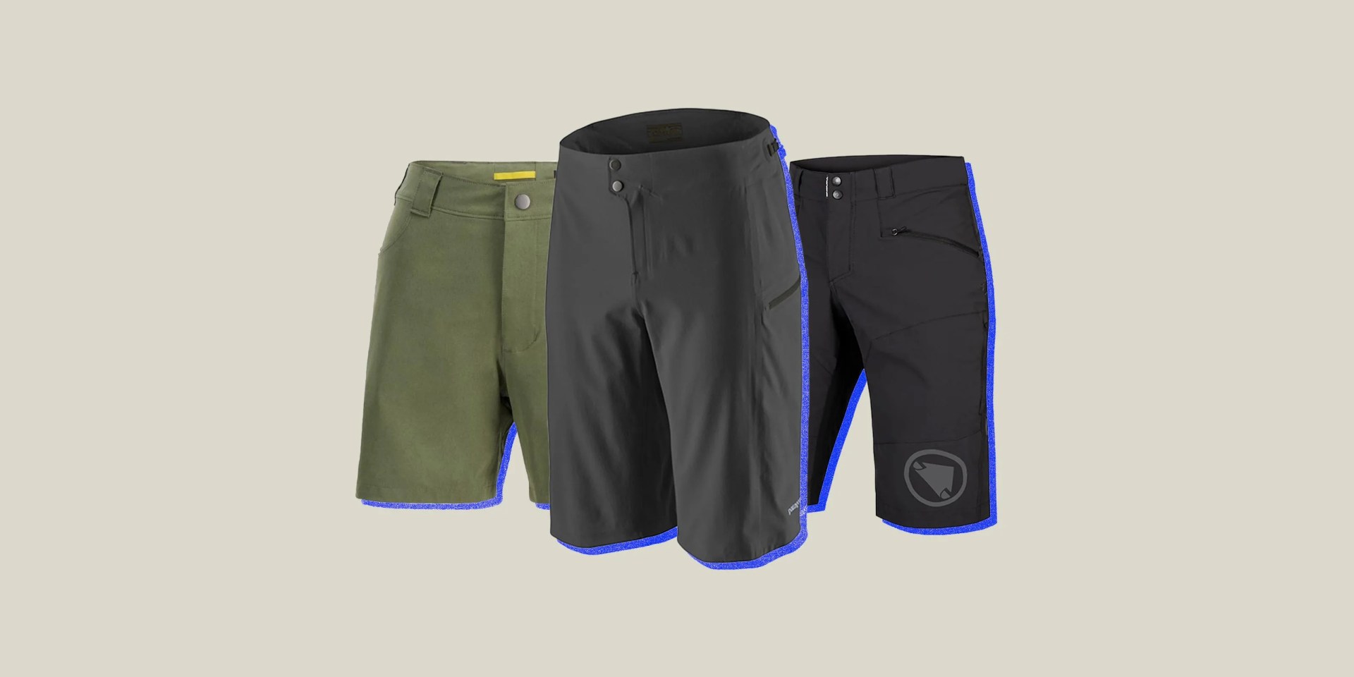 a collage featuring mountain bike shorts from patagonia, endura and machines for freedom