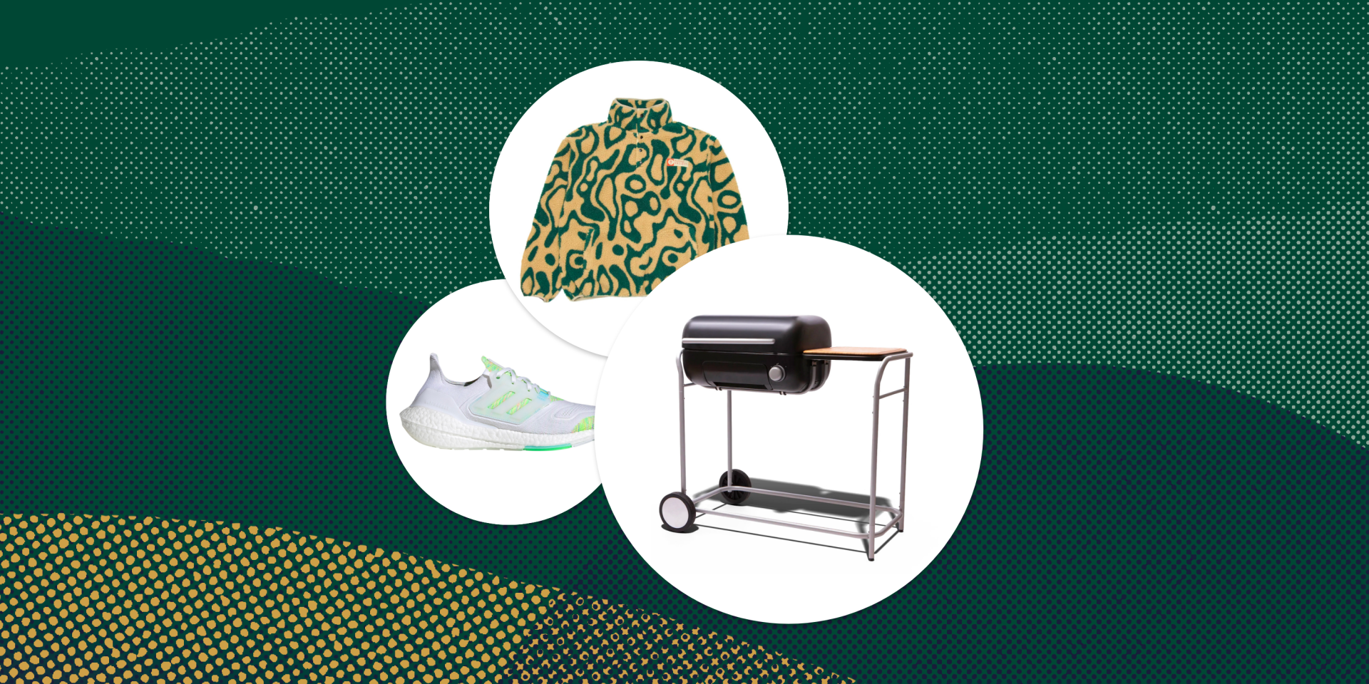 collage of yellowstone fleece, adidas ultraboost and spark grill