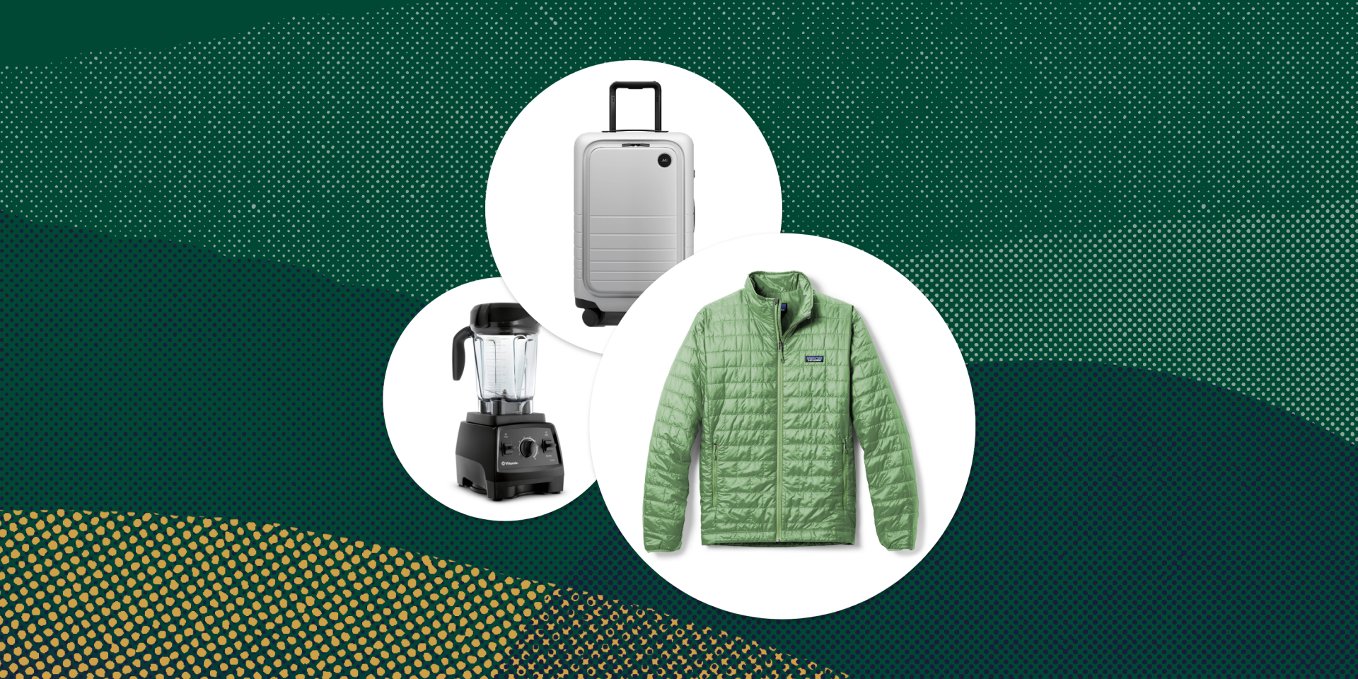 collage of carry on luggae, blender and nano puff jacket