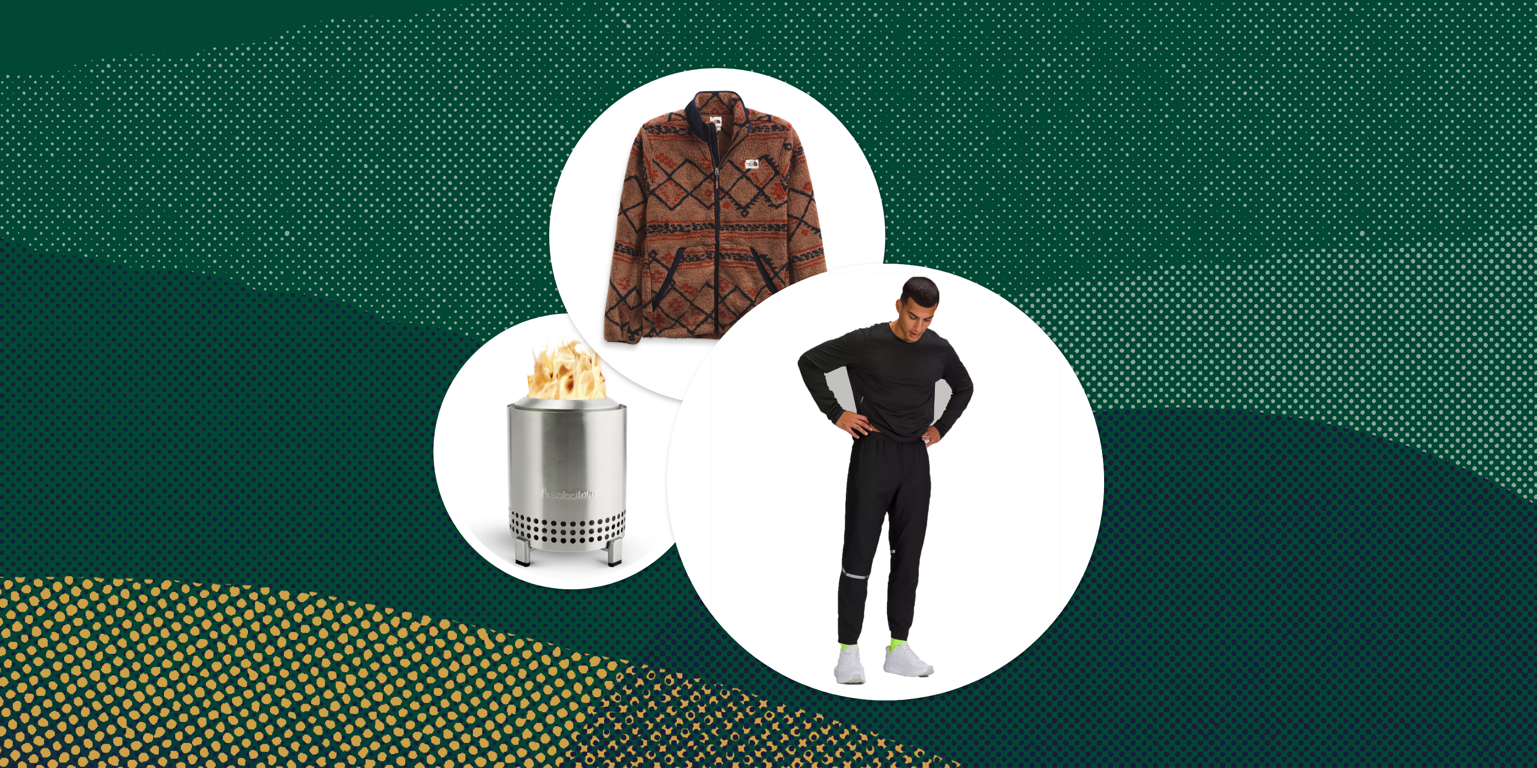 collage of running pants, stove and fleece