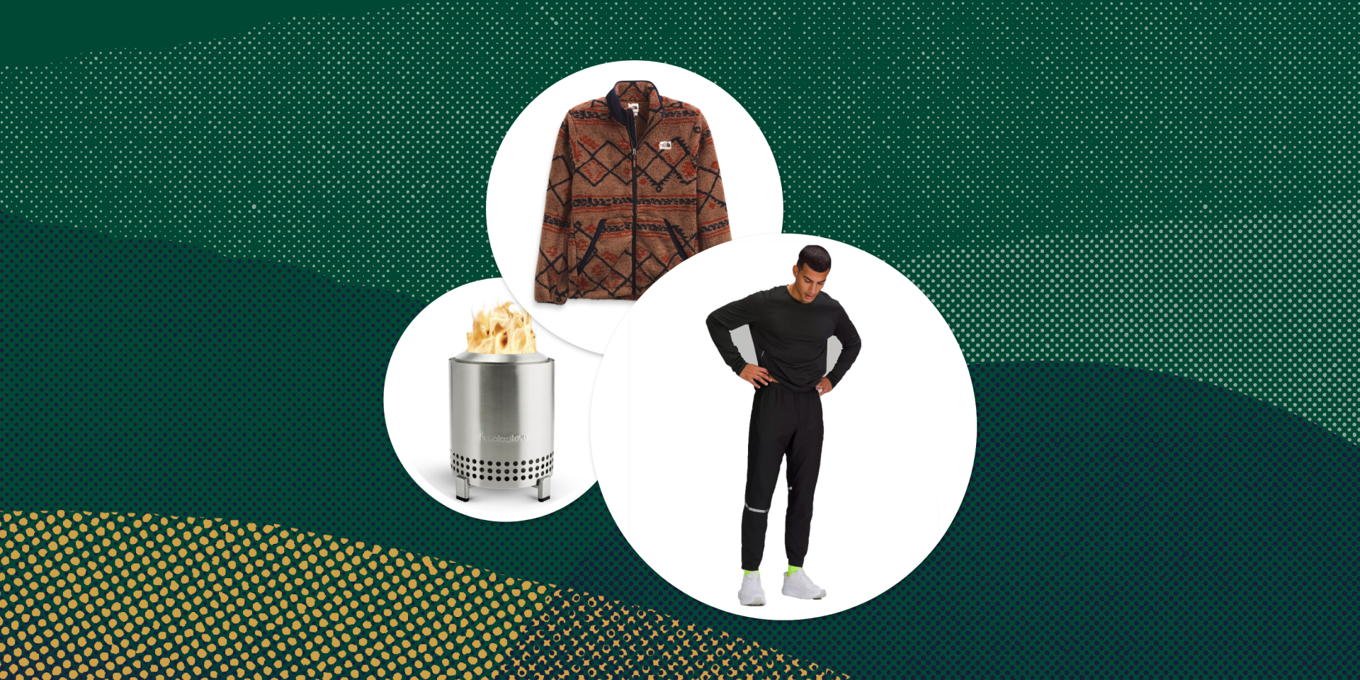 collage of running pants, stove and fleece