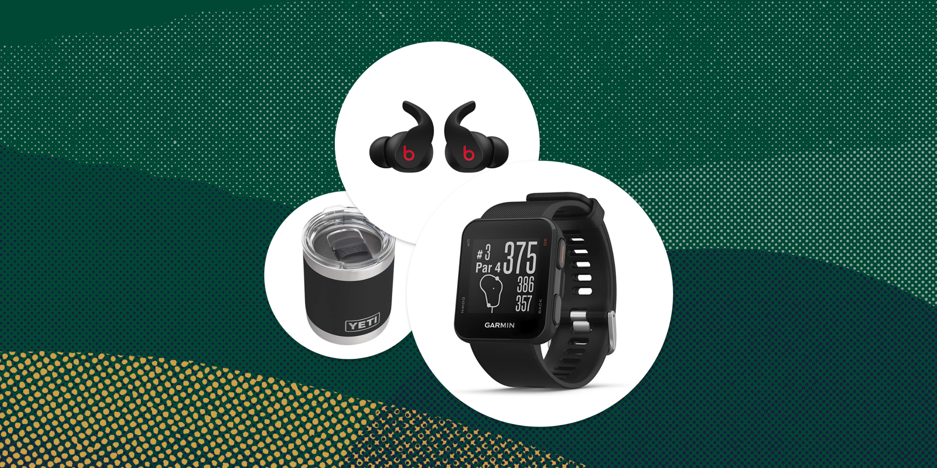 collage of headphones, tumbler, and sport watch