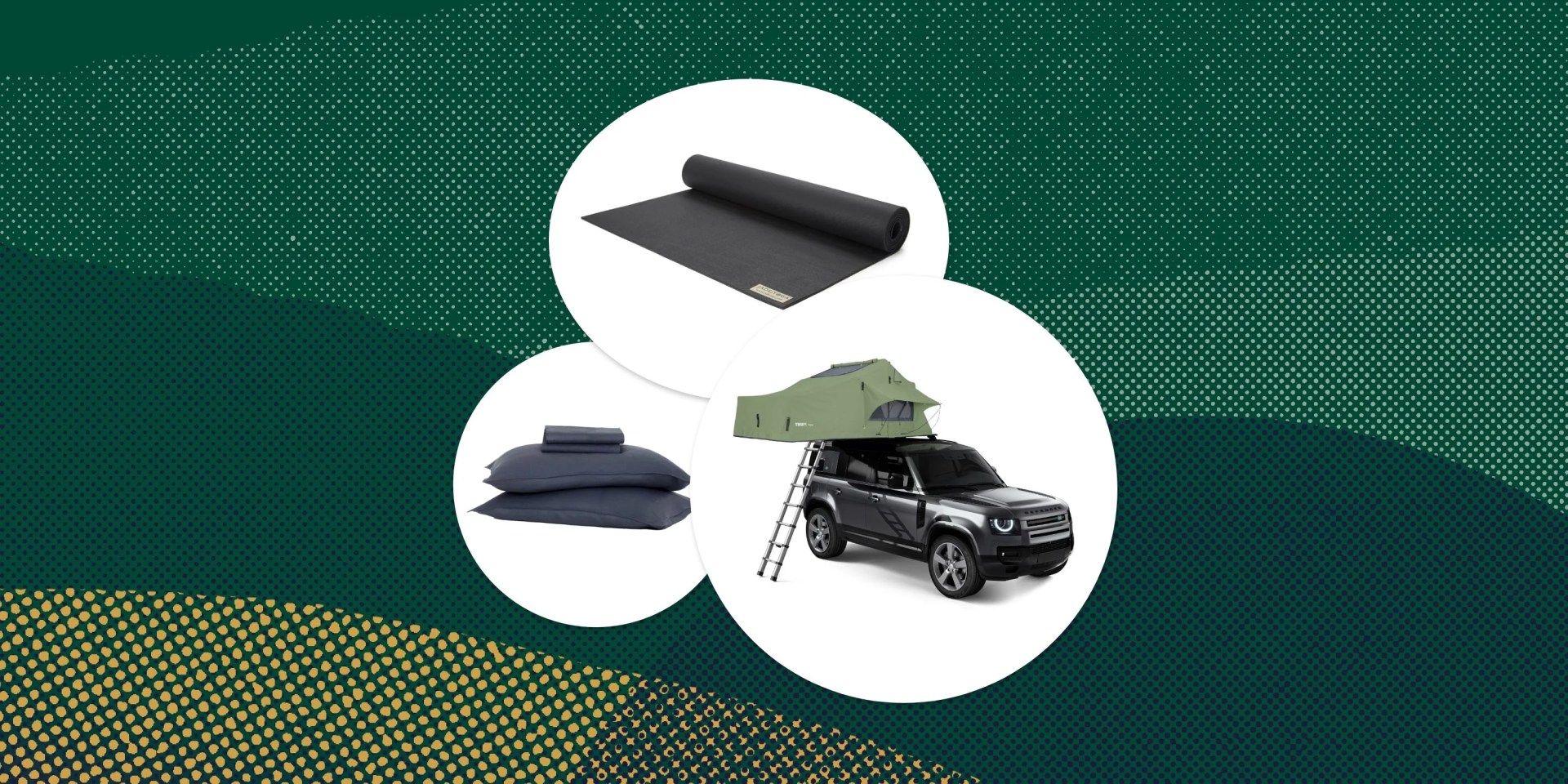 collage of a yoga mat, sheets, and a rooftop tent on an suv