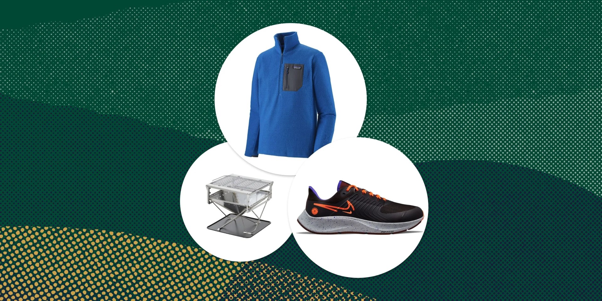 collage of patagonia zip nike shield pegasus and takibi grill