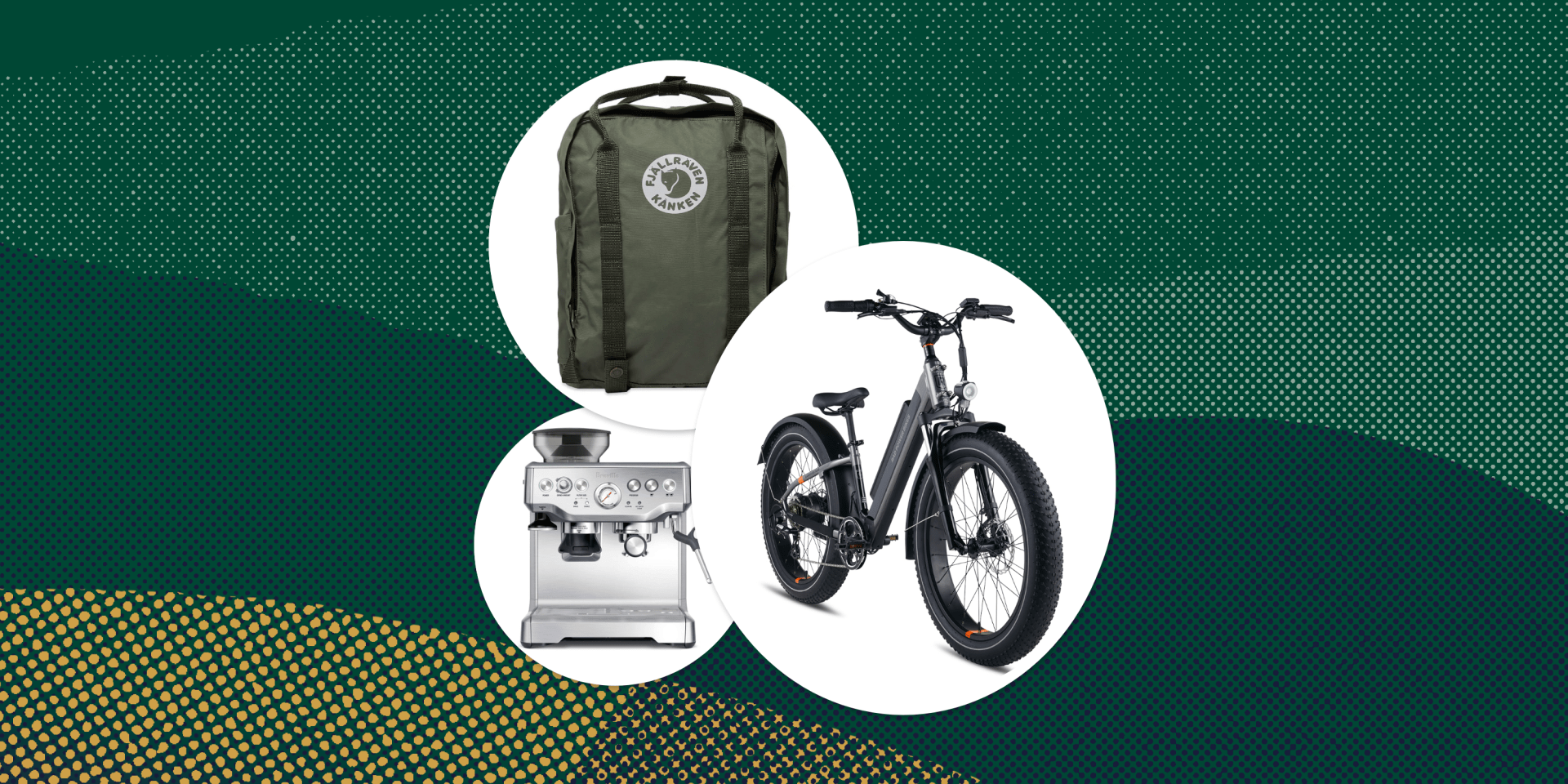 collage of electric bike backpack and expresso maker