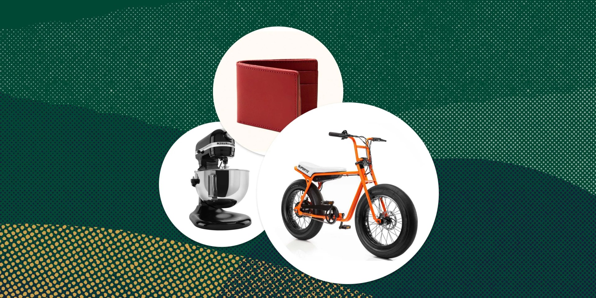 collage of electric bike tanner goods wallet and kitchen aid mixer