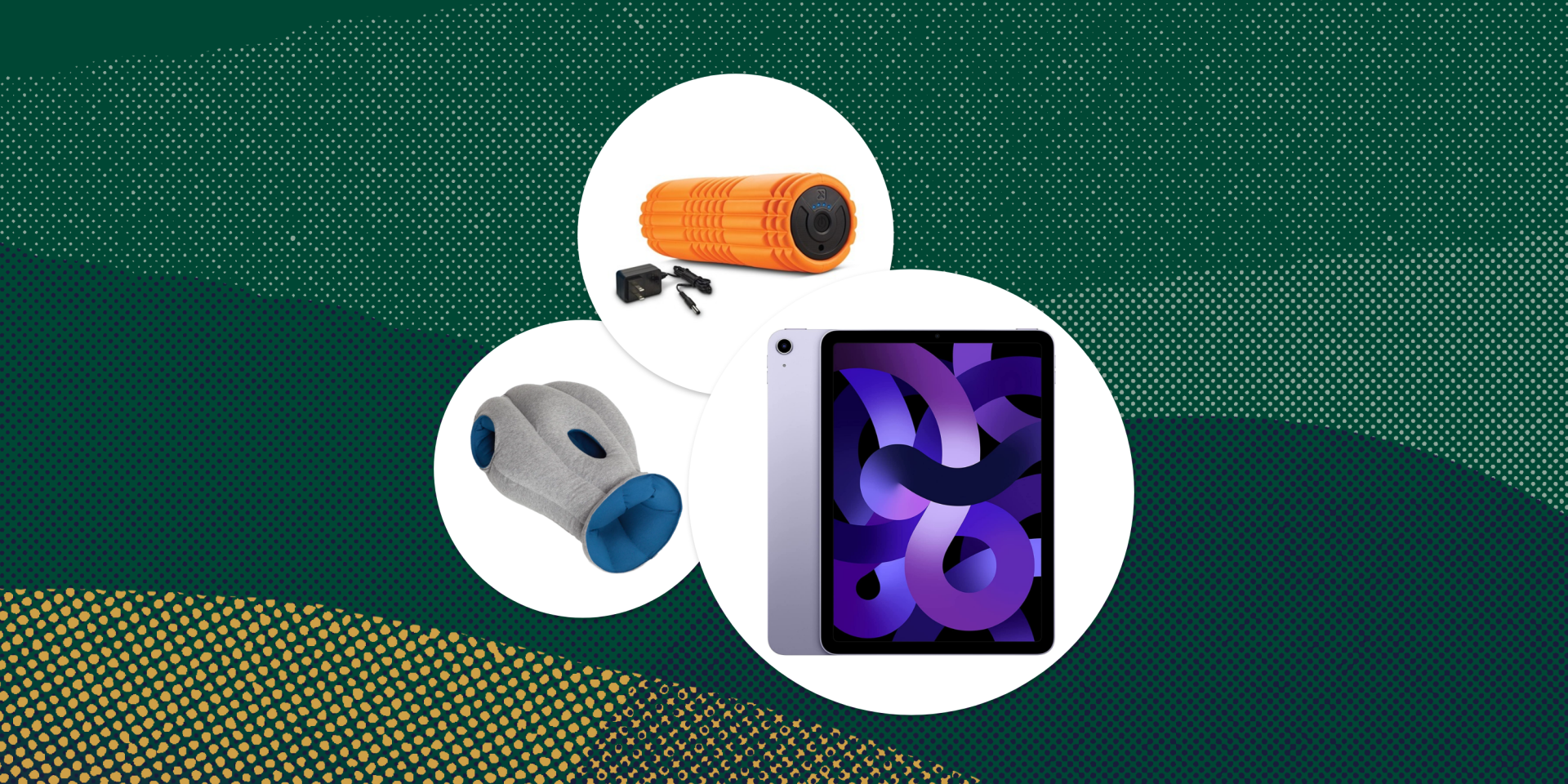 collage of a foam roller, nap pillow, and ipad