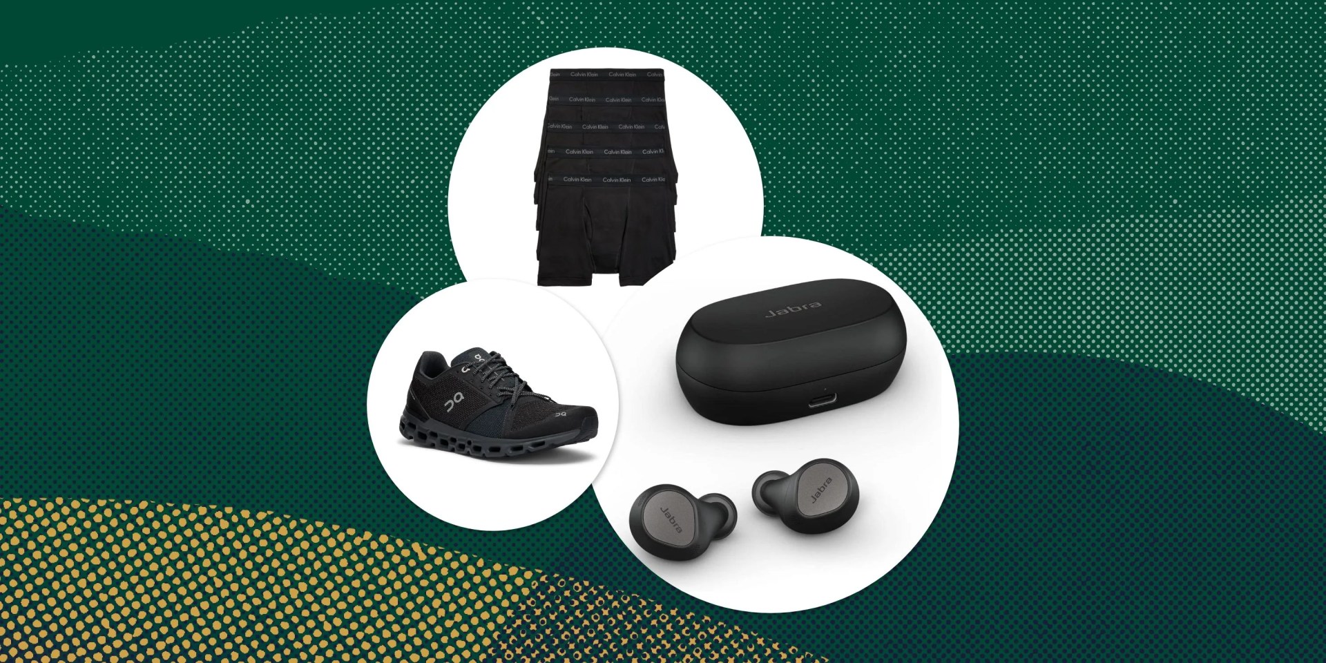 collage of earbuds, running shoe, and calvin klein boxers