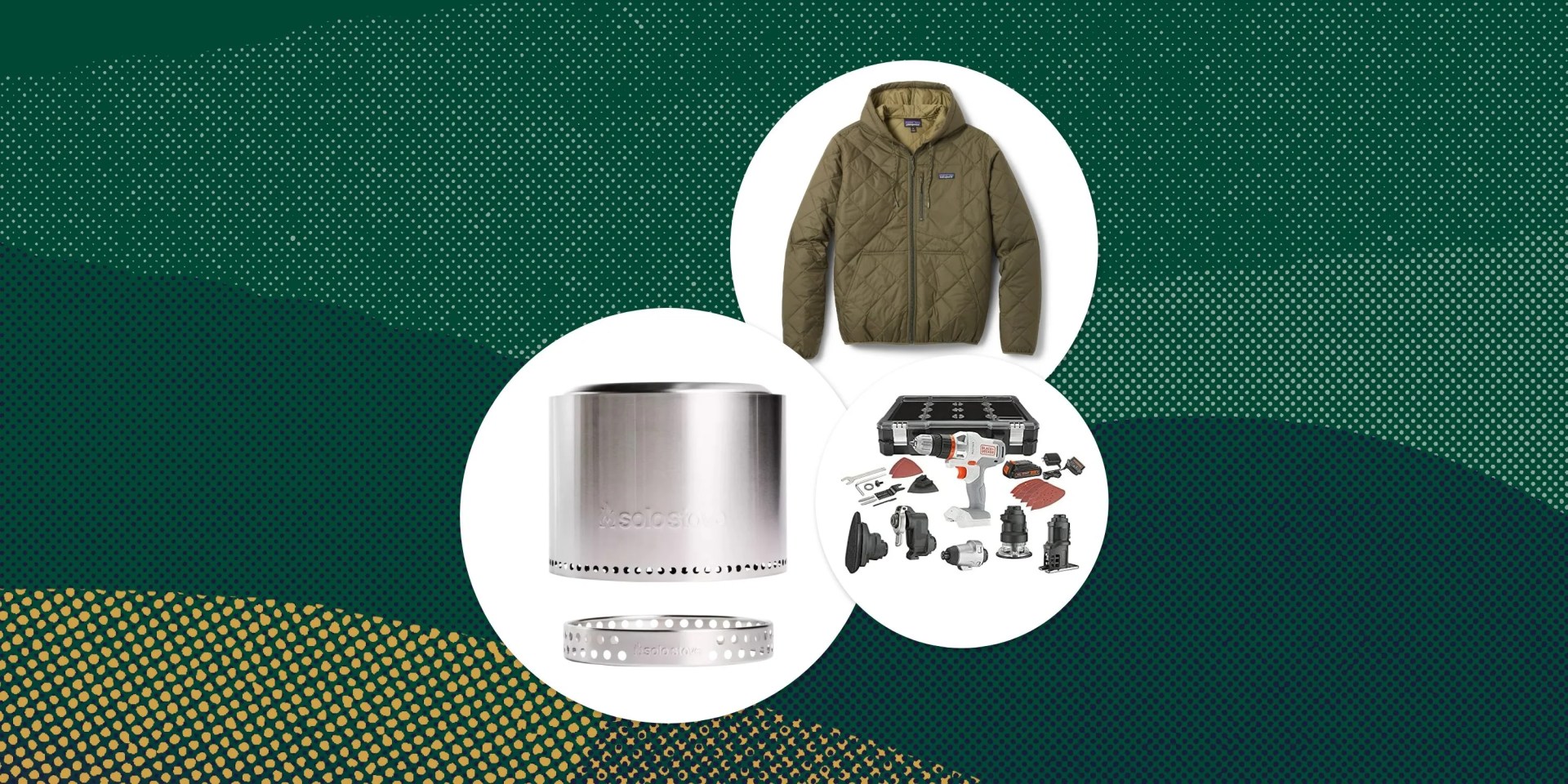 collage of a solo stove, patagonia jacket, and toolkit