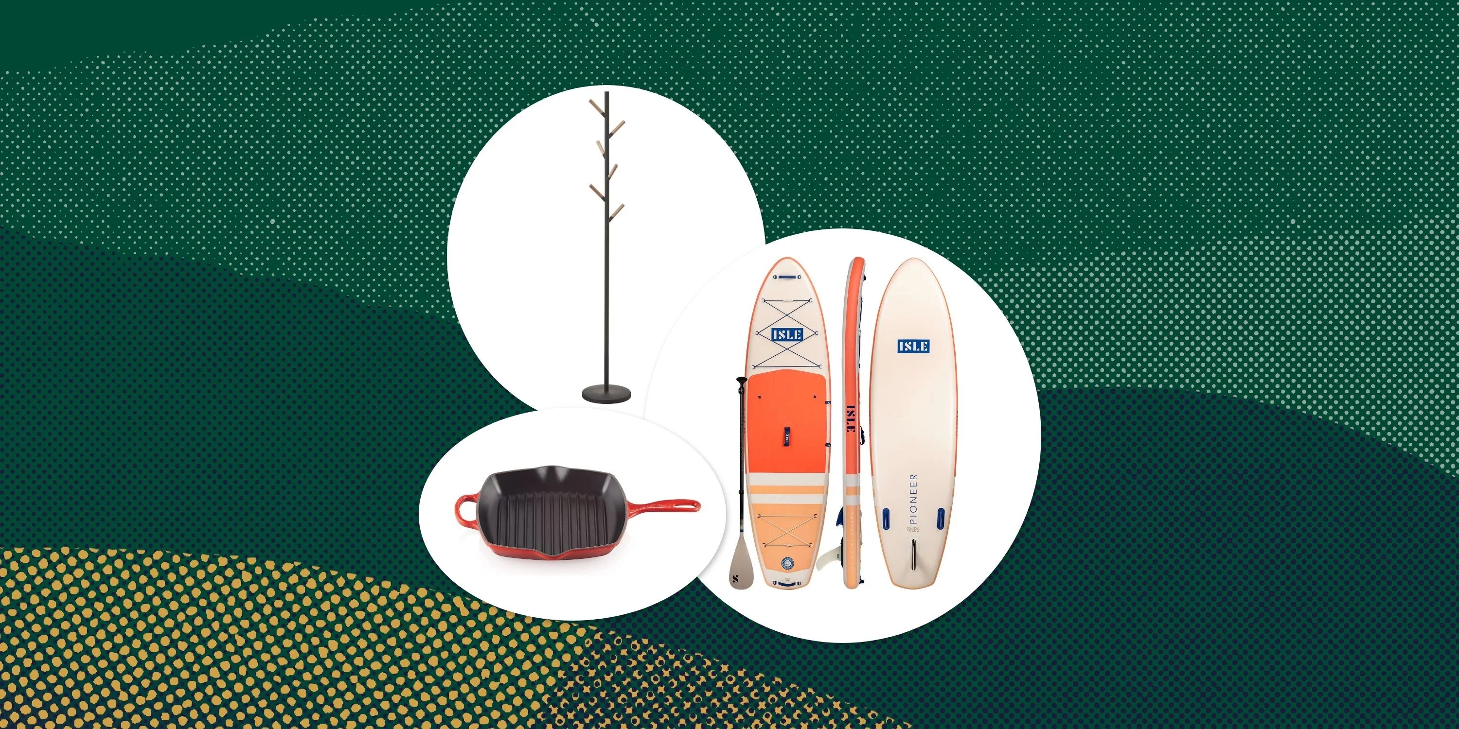 collage of a coat rack, pan, and stand up paddleboard
