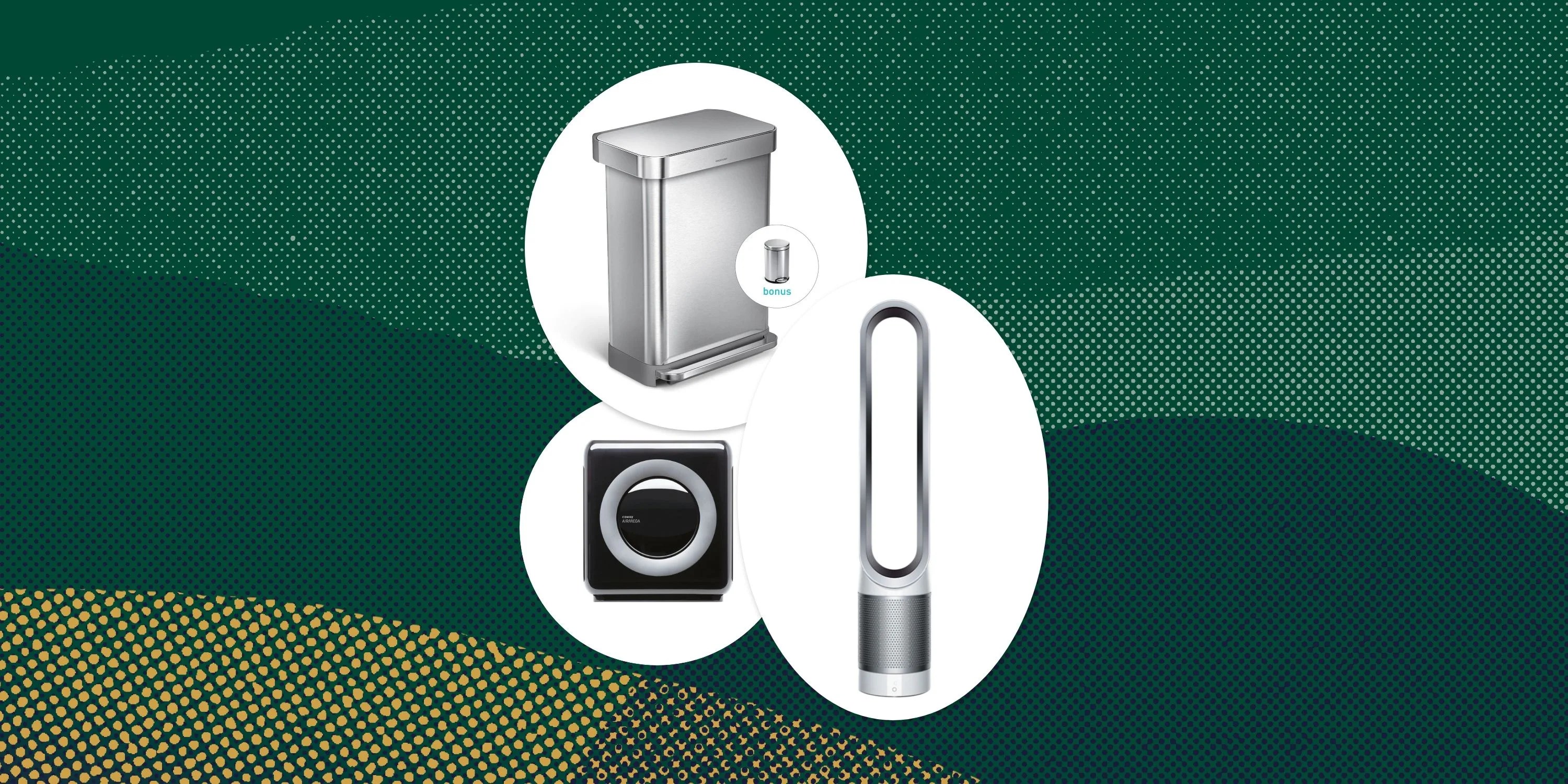 collage of a trashcan, dyson fan, and air filter