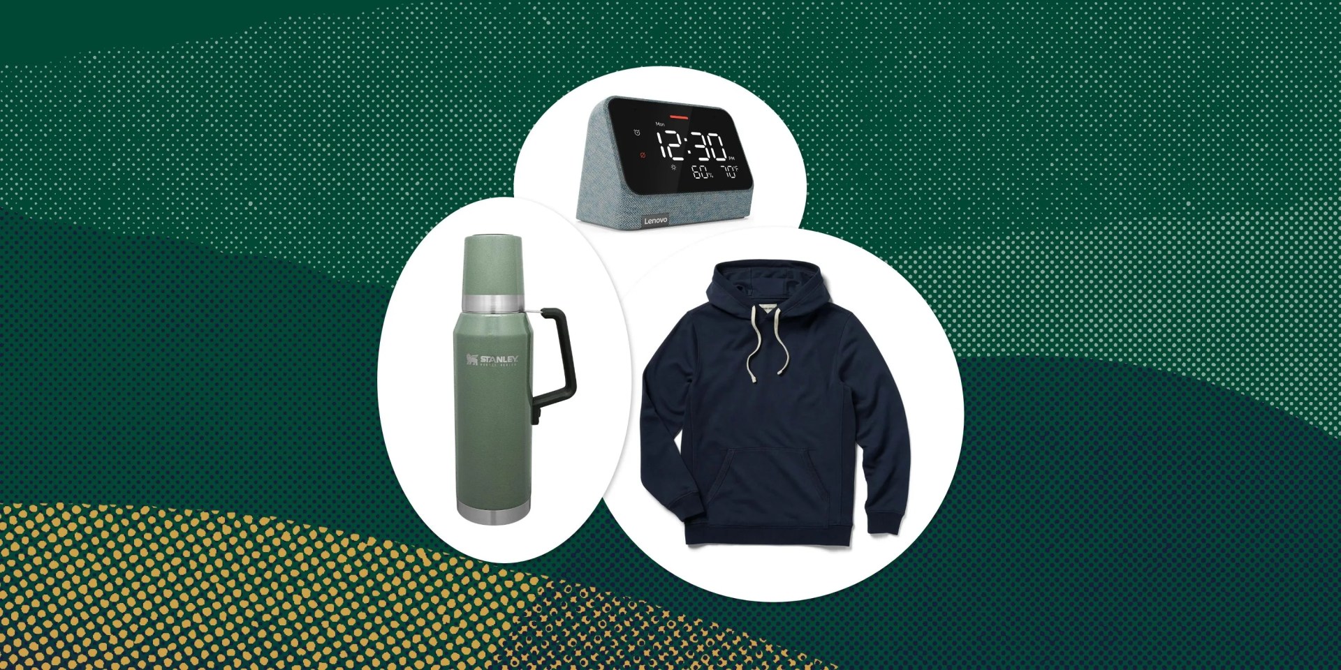 alarm clock, thermos, and hoodie