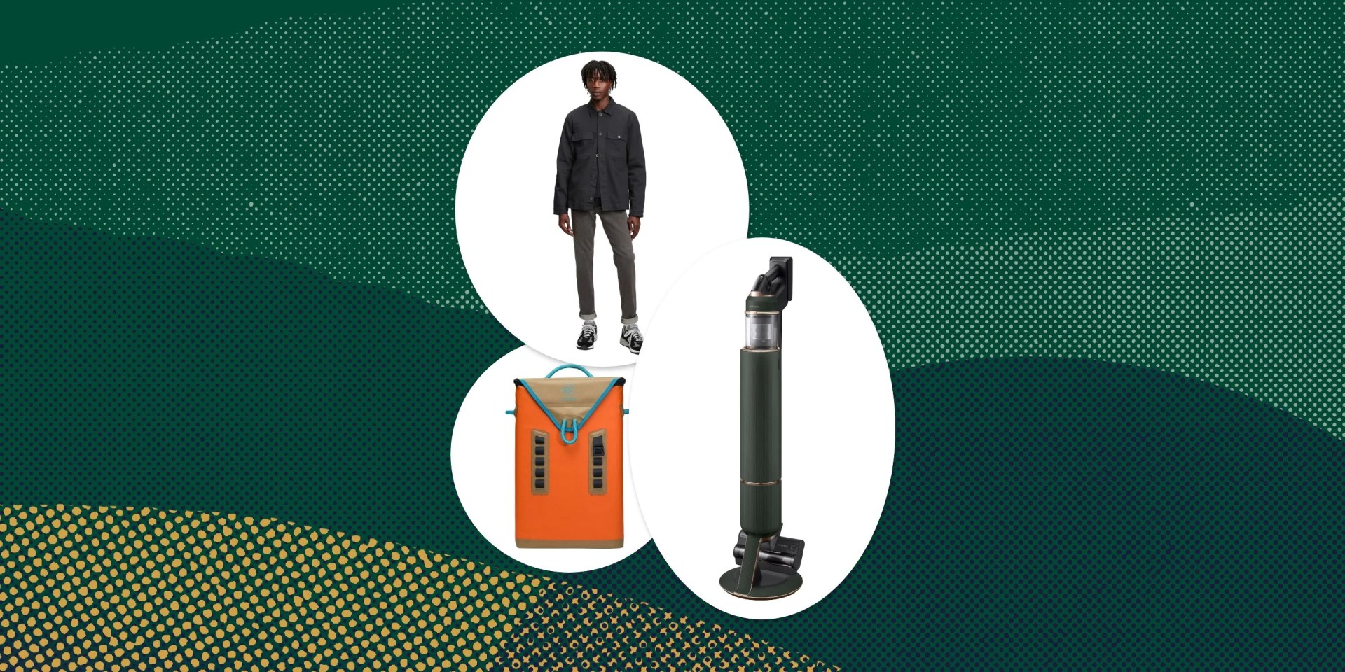 collage of man wearing gap jeans, an orange backpack cooler, and a samsung cordless vacuum