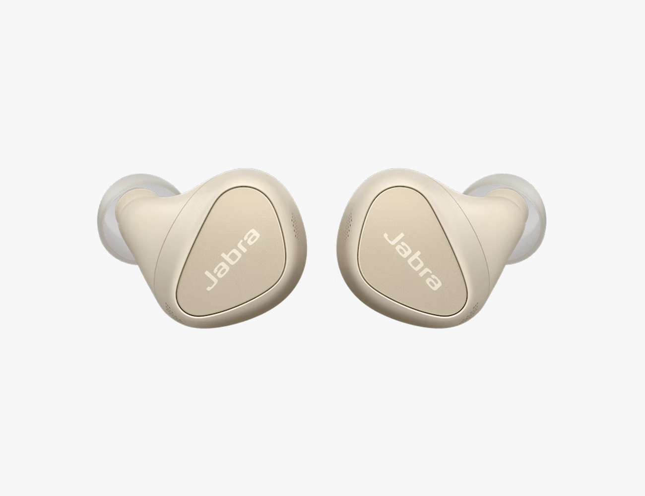 tan jabra elite 5 headphones on a white backgorund