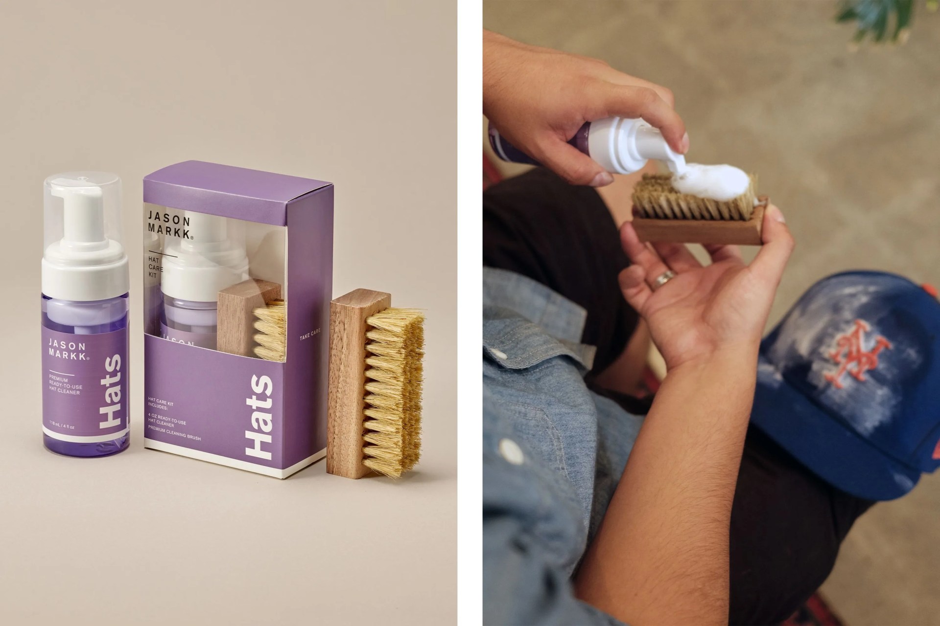 jason markk hat cleaner with person cleaning a hat