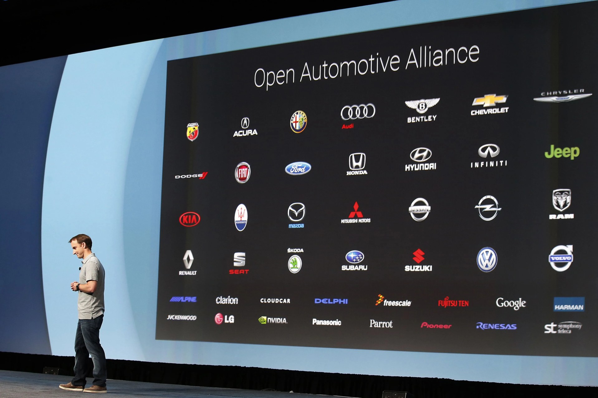 scene from google developer conference with large screen showing logos of partner automakers