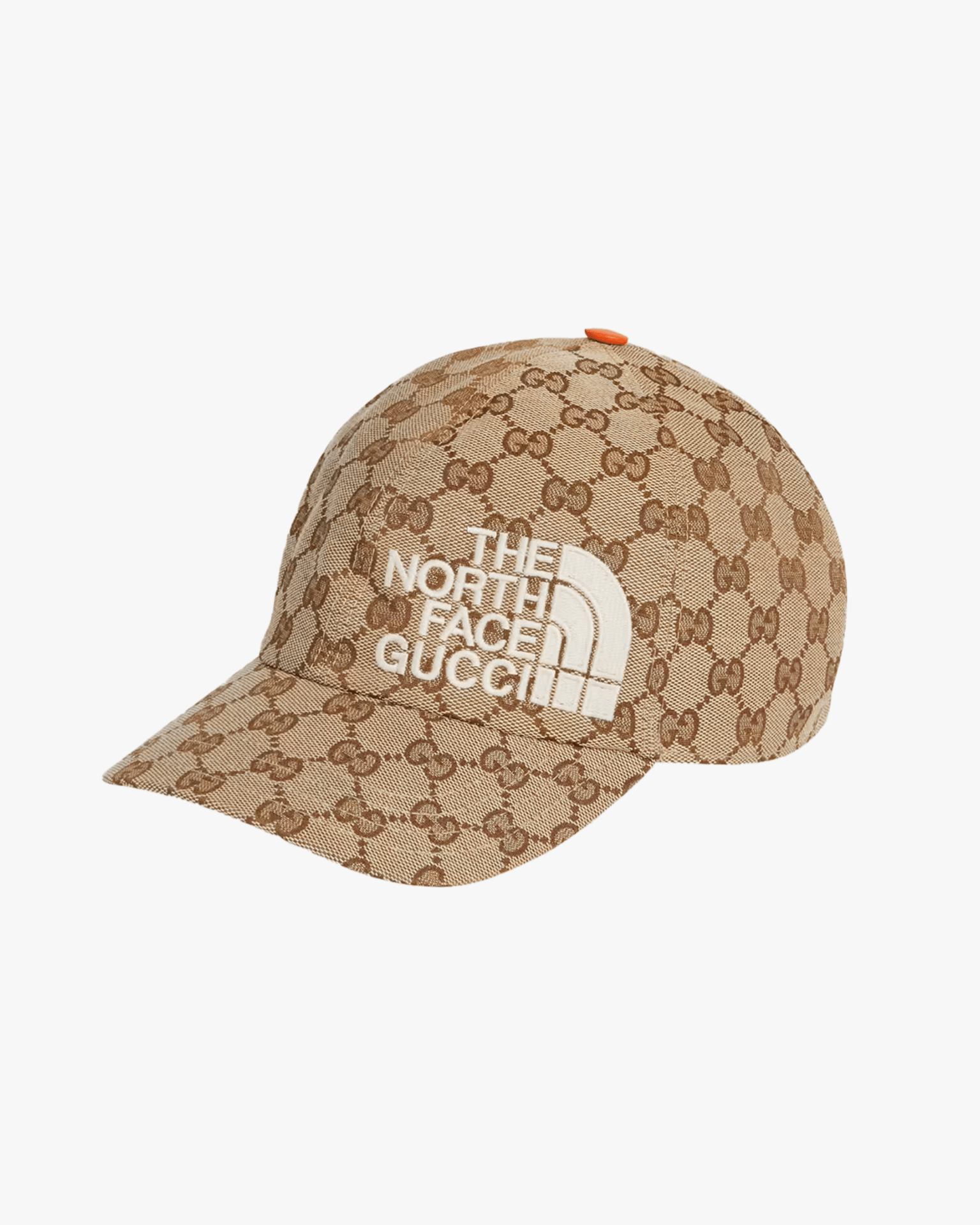 a tan hat with brown gucci pattern and north face gucci logo embroidered on front
