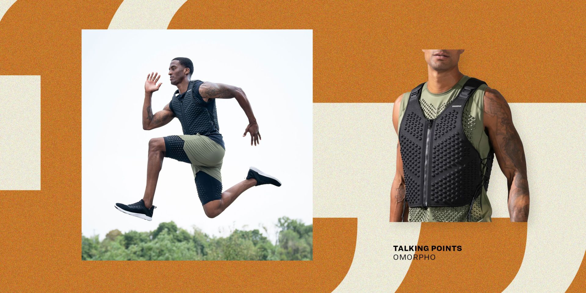 talking points man doing a running jump while wearing omopho's g vest