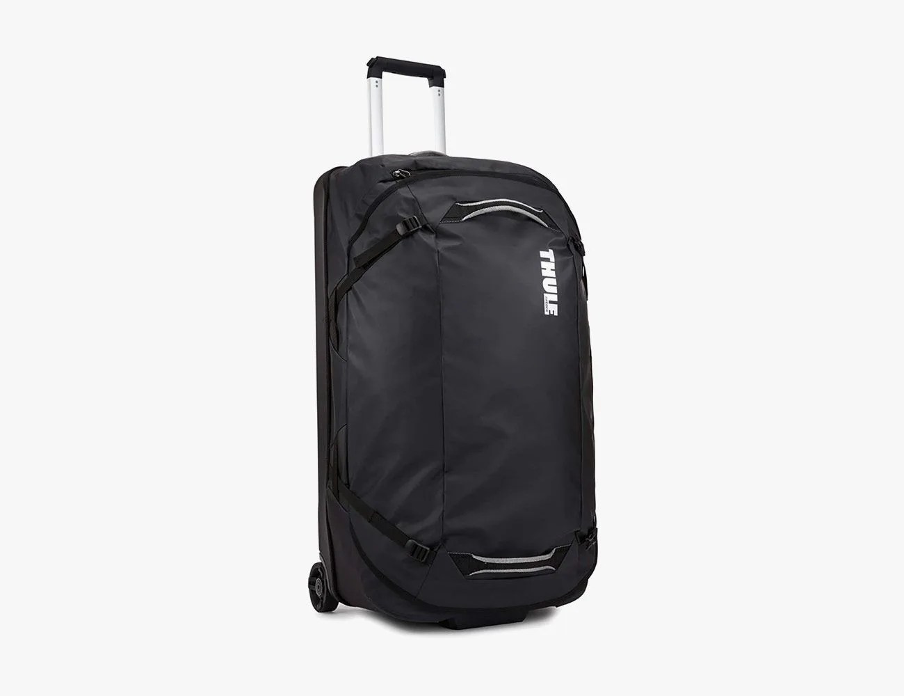 a black duffel bag on wheels