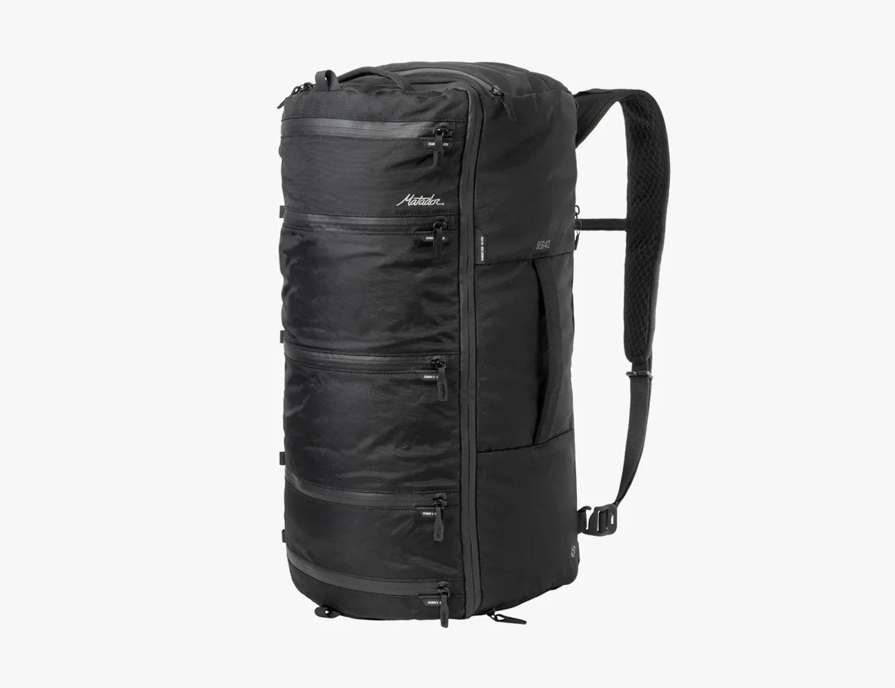 a black duffel with lots of zippers