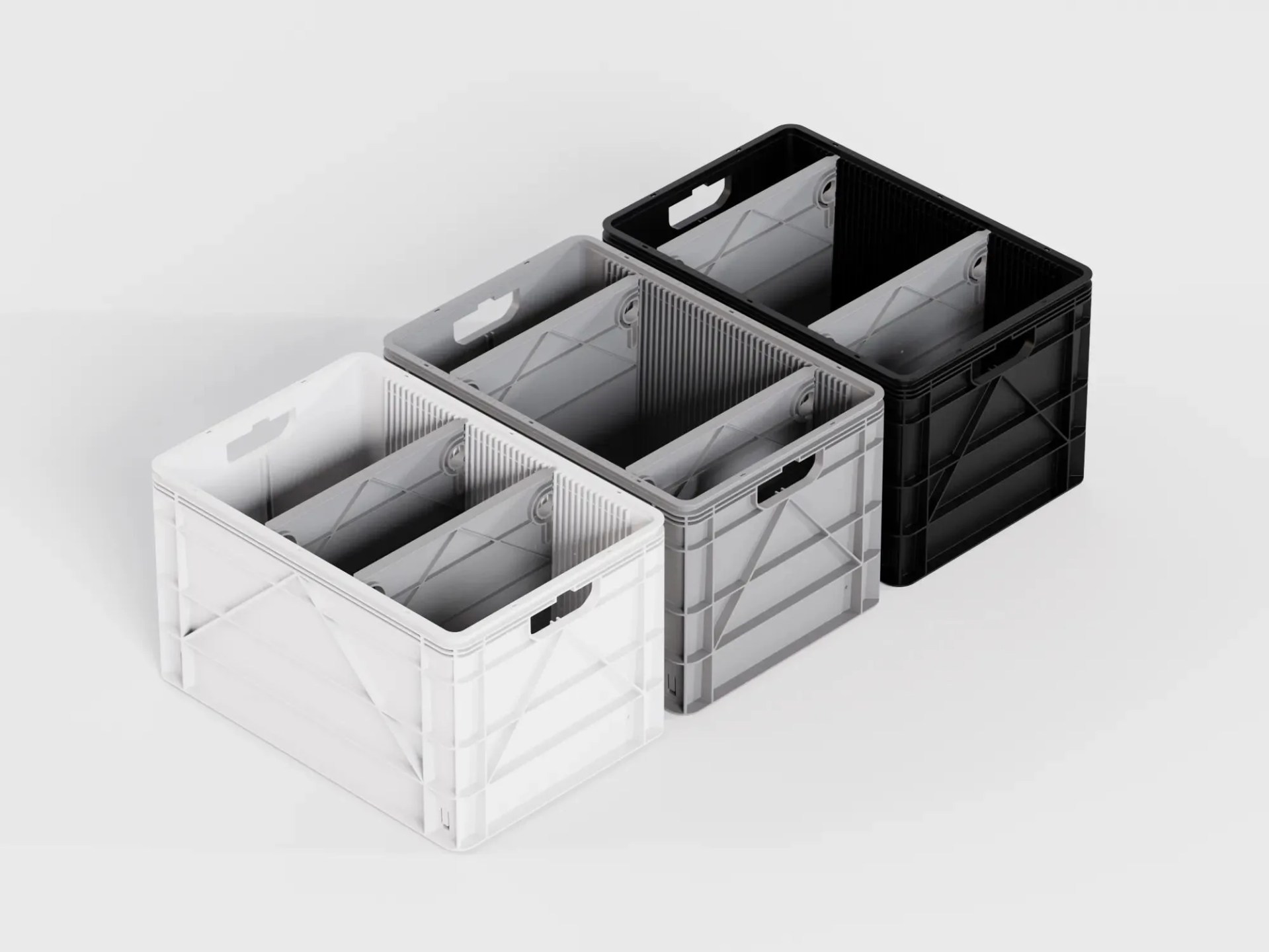 three sidio milk crates with dividers sitting on the ground