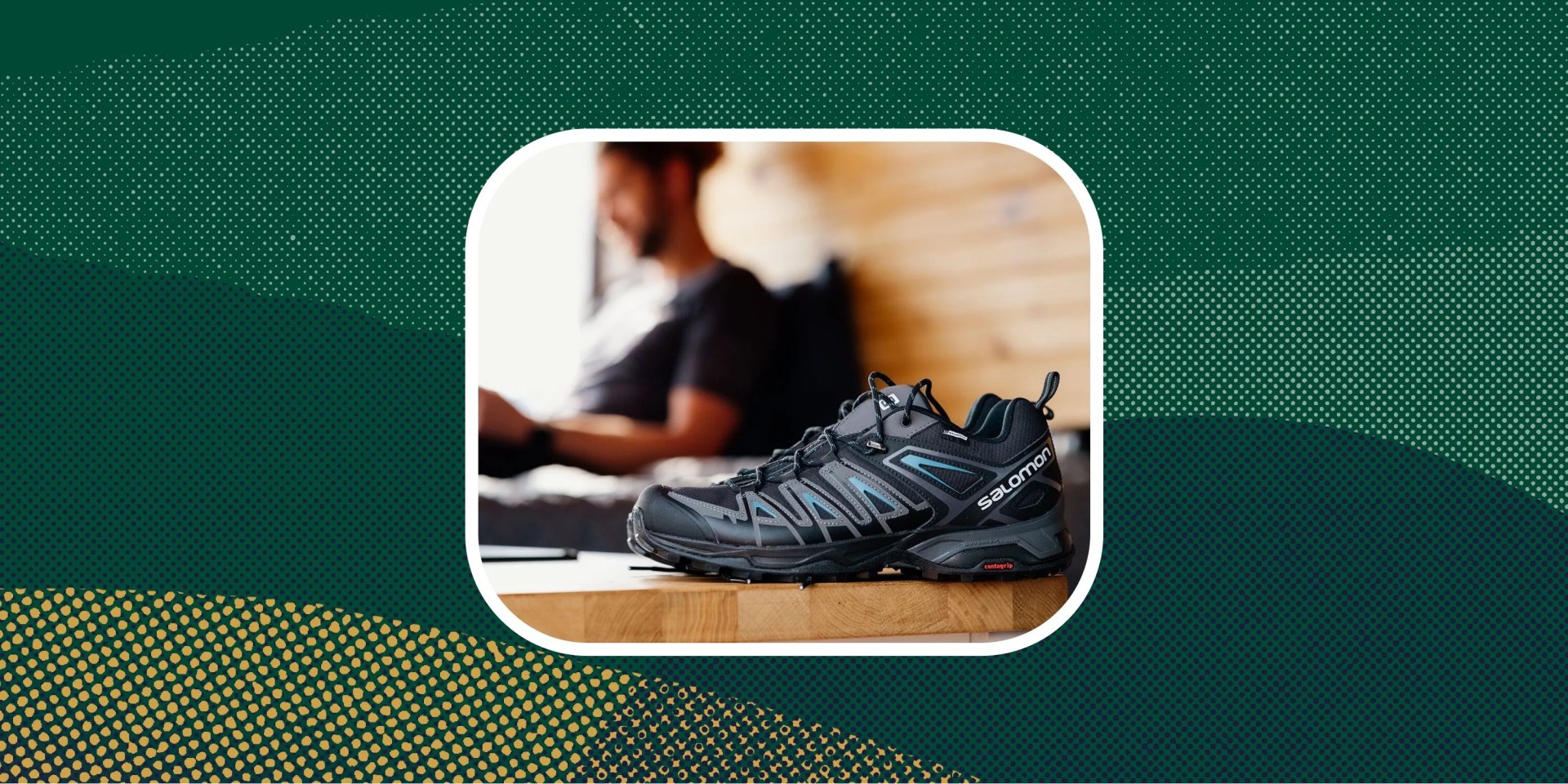 man sitting next to salomon x ultra pioneer cswp hiking shoe