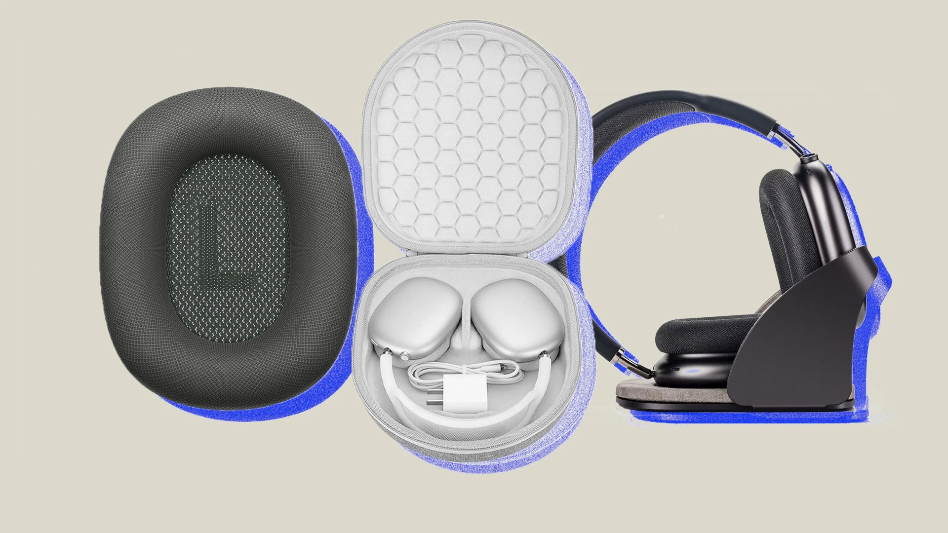 collage of airpod max accessories case and stand