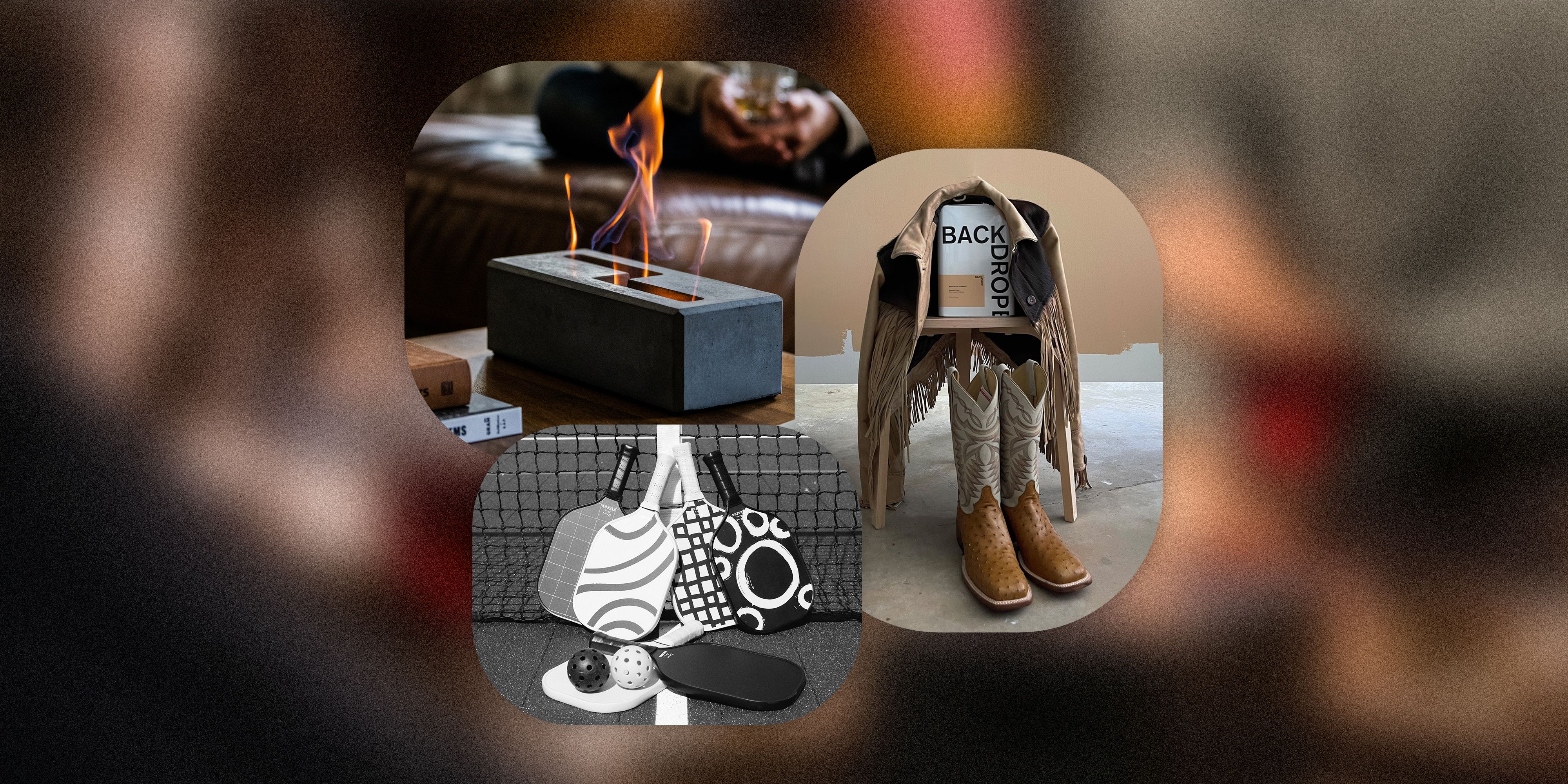 collage of paint on a chair with a leather jacket and boots, a fireplace on a table, and picklball raquets and balls on a court