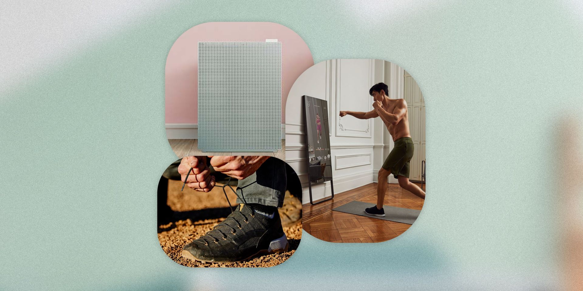 collage of an air purifier, a man working out with a lululemon workout mirror, and someone tying their hiking shoes