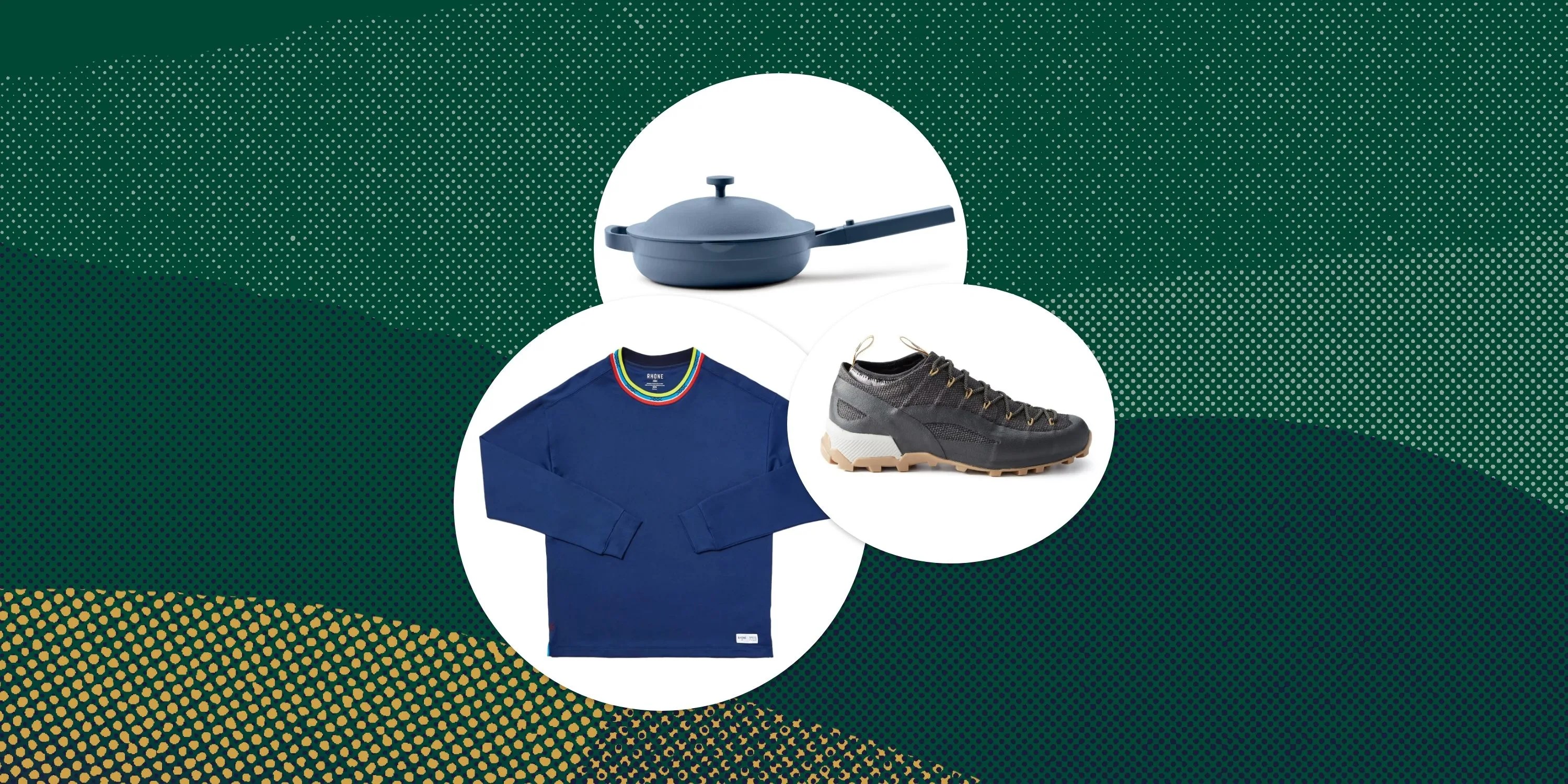 collage of a blue pan, blue sweatshirt, and sneakers