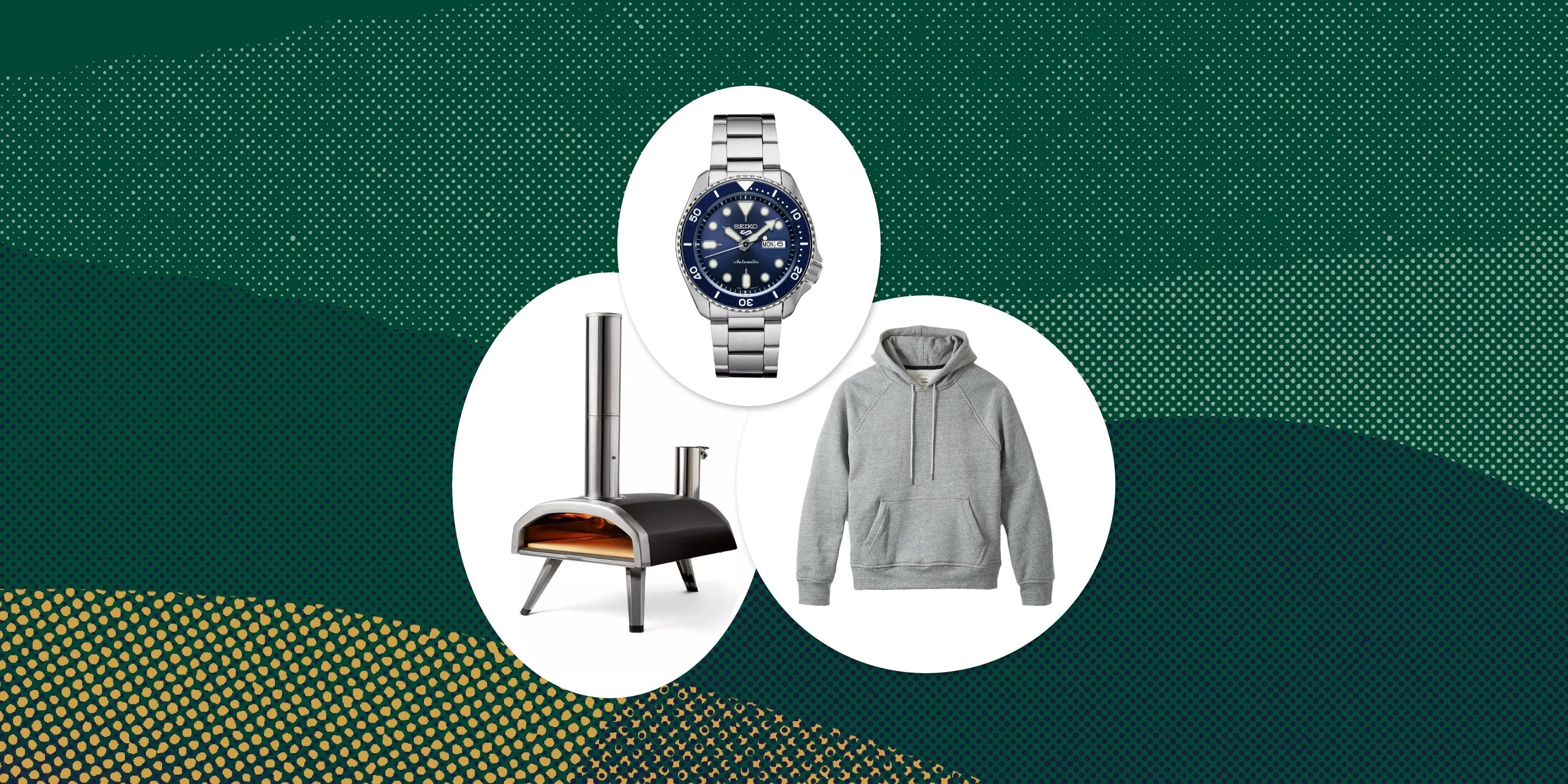 collage of an ooni pizza oven, watch, and gray hoodie
