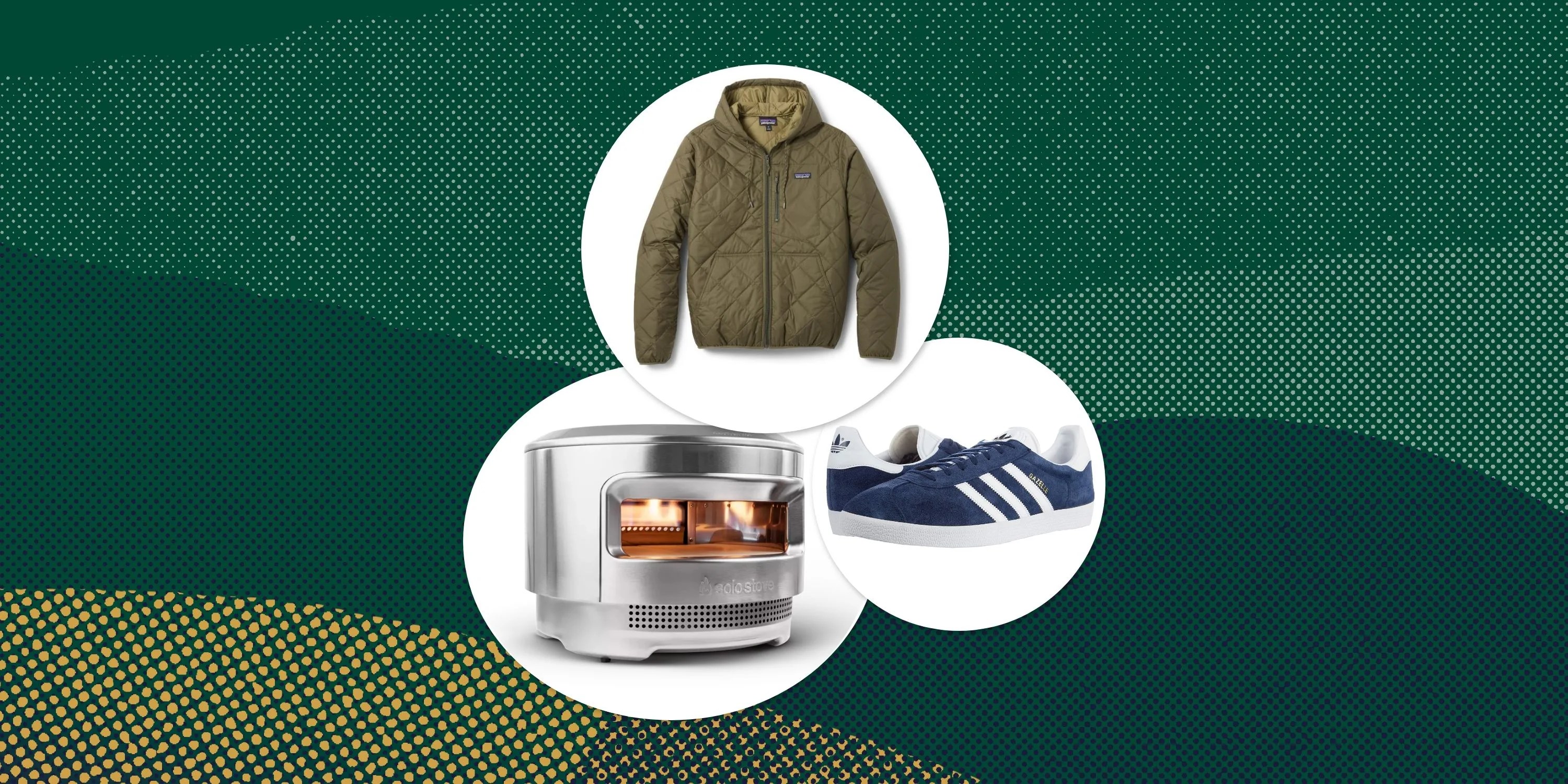 collage of a green patagonia jacket, pizza oven, and adidas sneakers