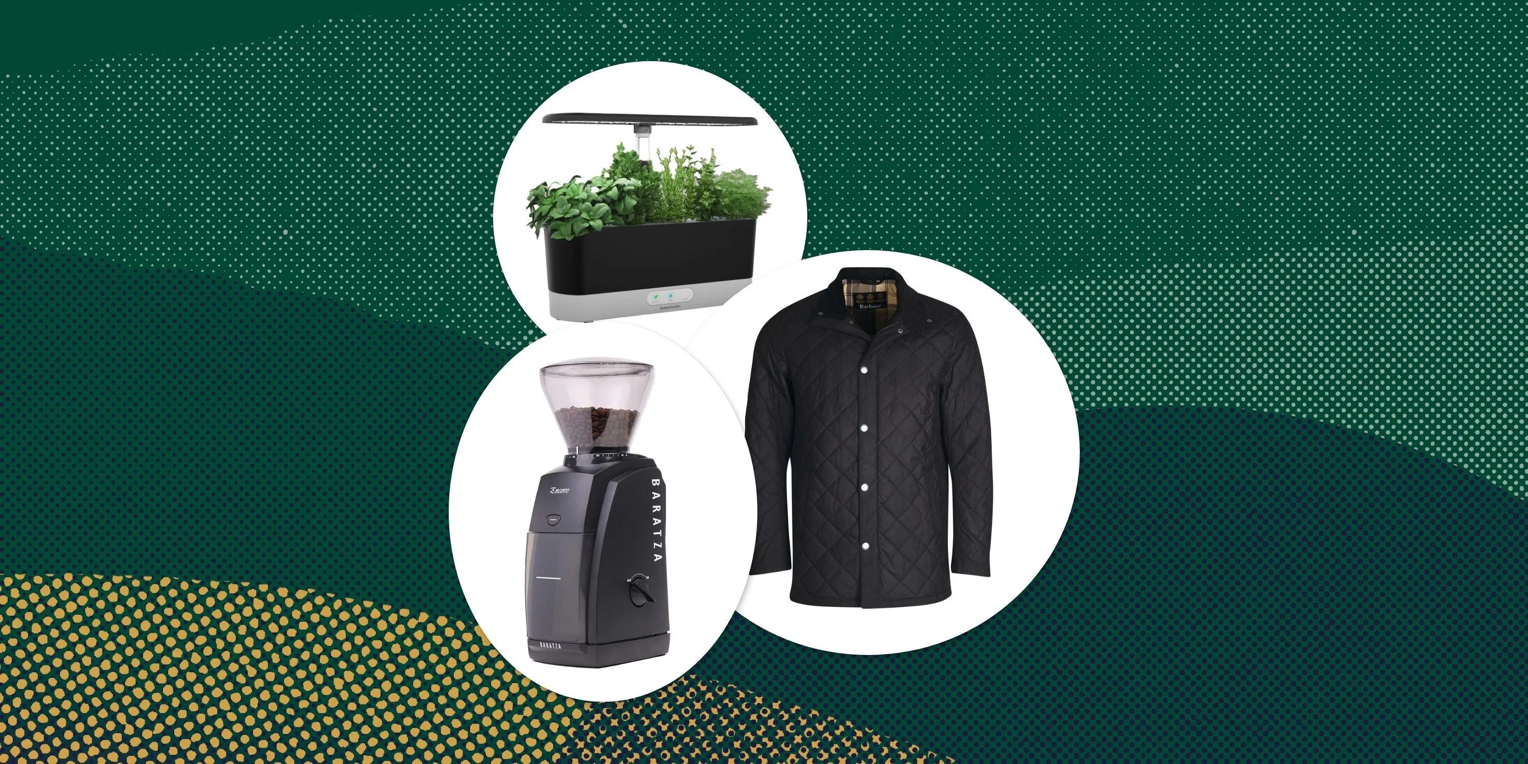 collage of a countertop garden, jacket, and coffee grinder