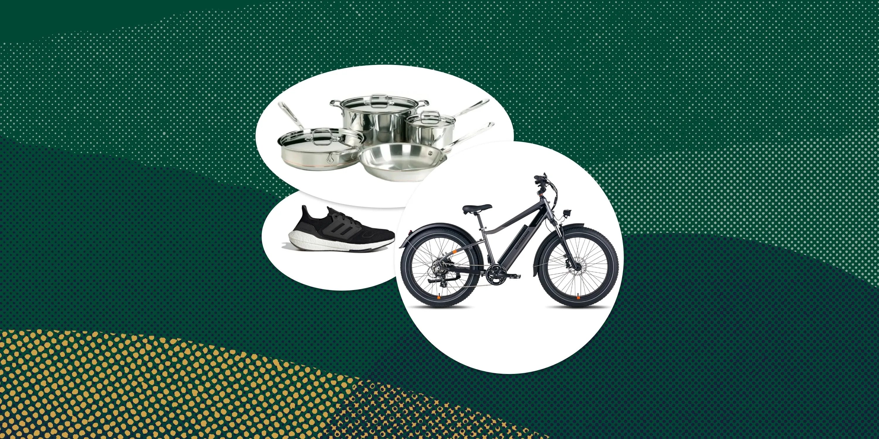 collage of a pots and pans set, sneaker, and bike