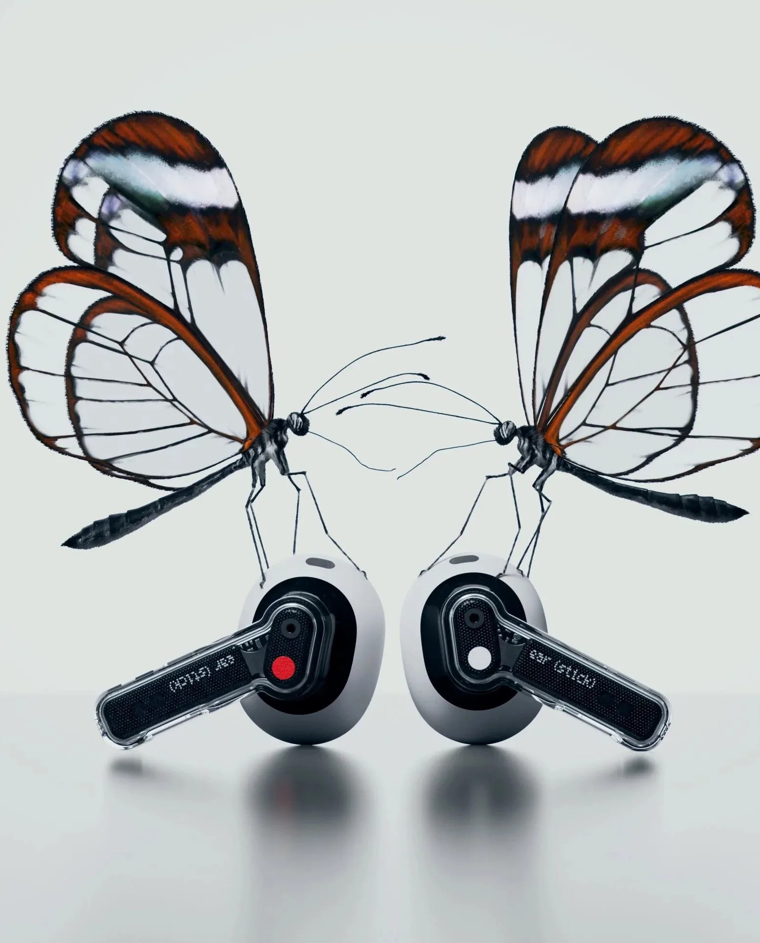 nothing ear stick earbuds with butterflies resting on them