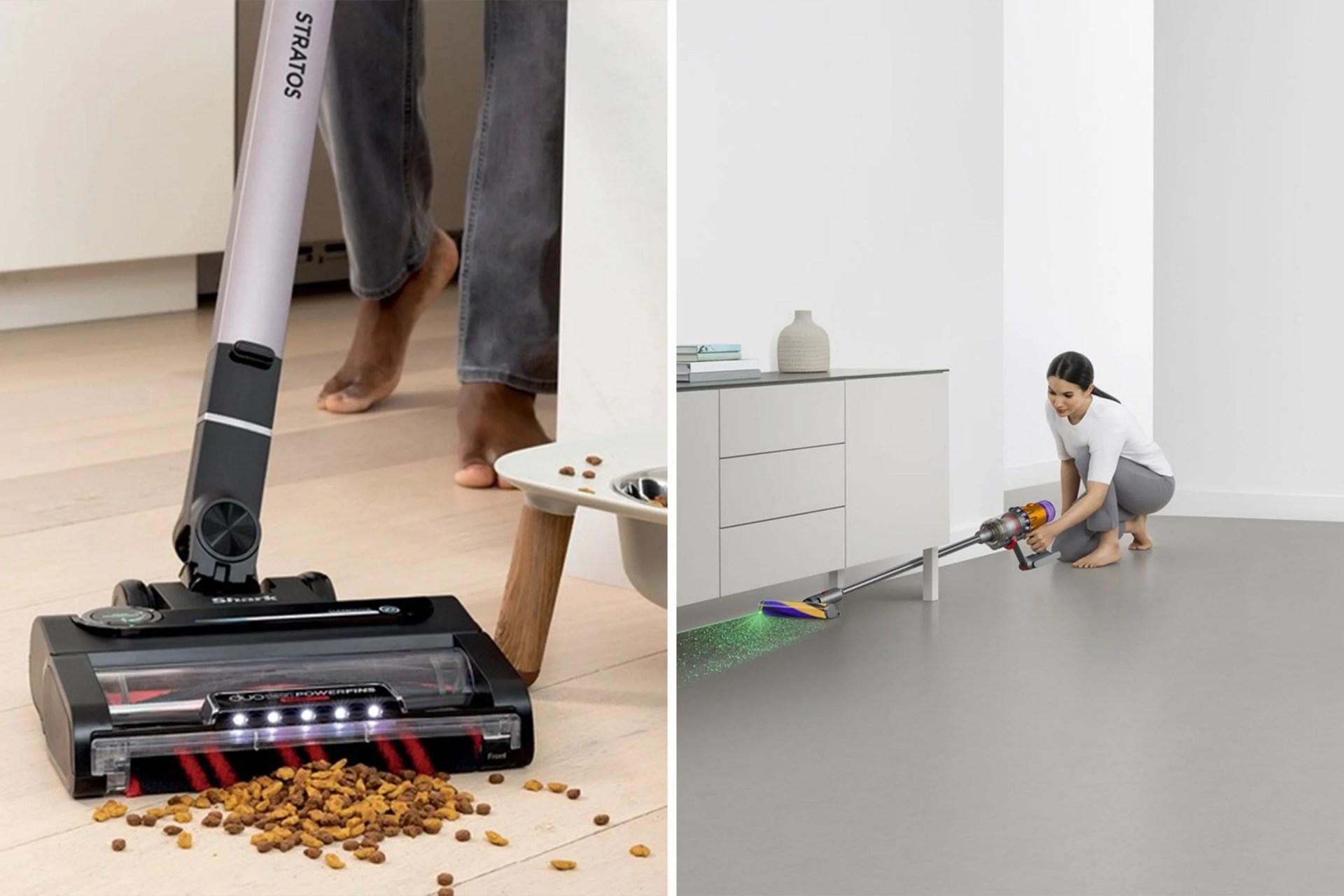 two cordless vacuum cleaners cleaning