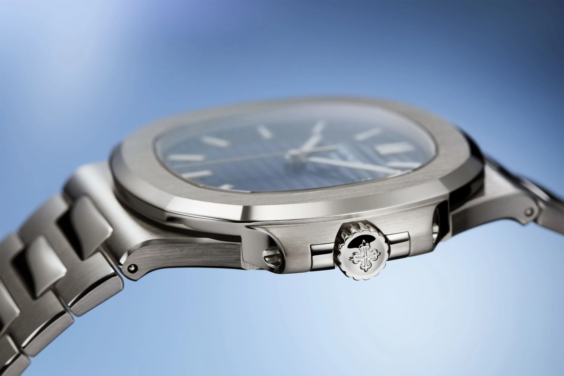 new patek silver watch with blue watch face