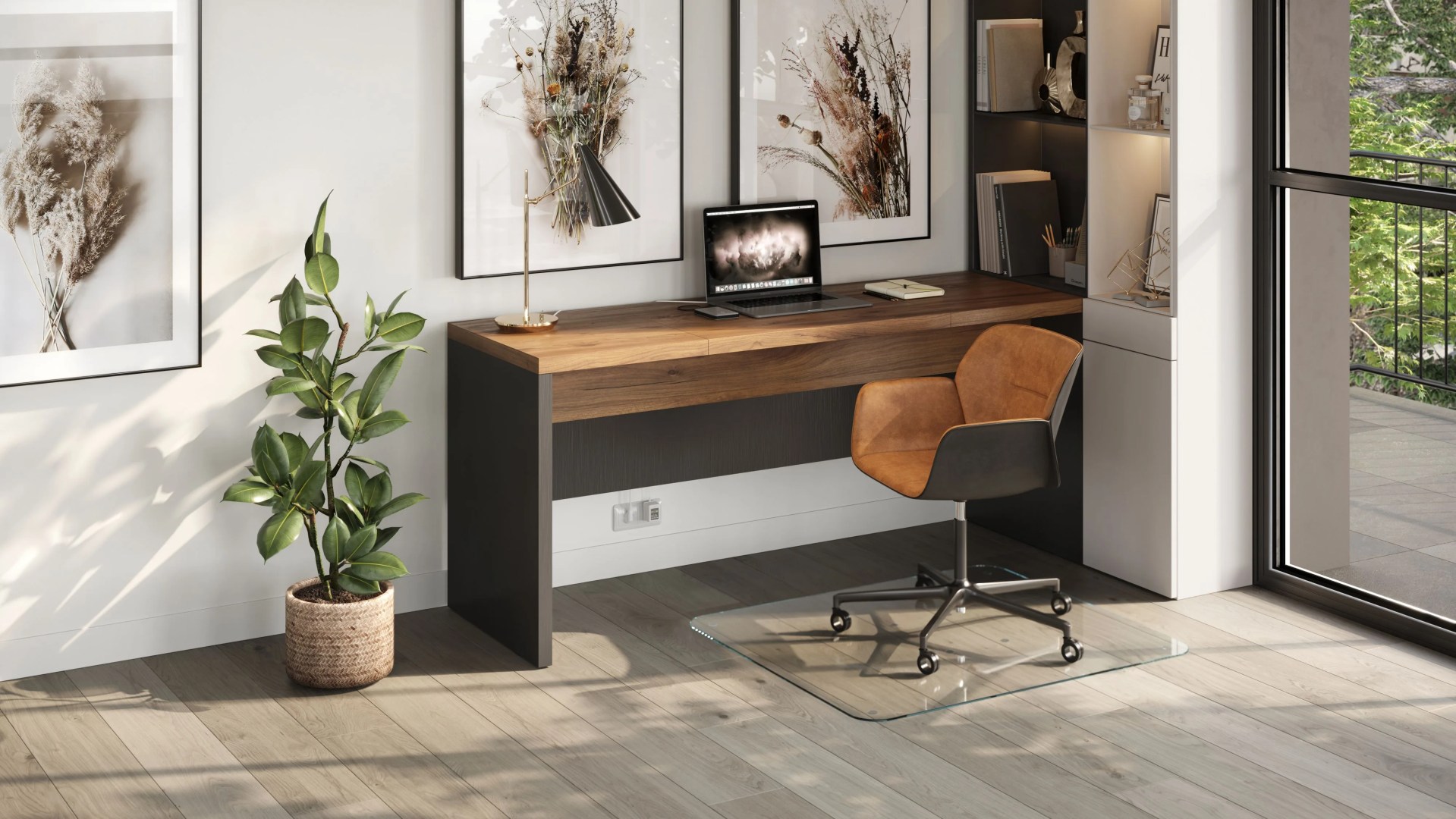 office desk, chair, laptop, paintings and plant