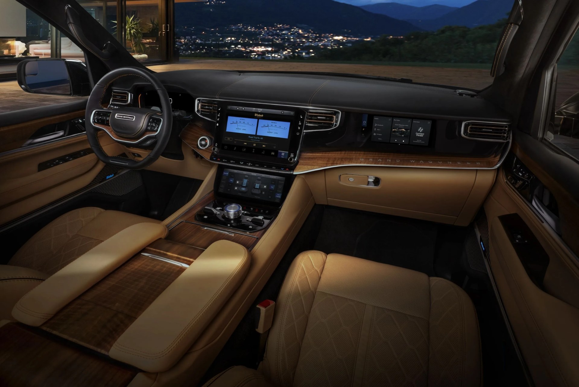 2023 grand wagoneer l features the pinnacle of premium suv interiors with a modern american style and uconnect 5 12 inch touchscreen radio