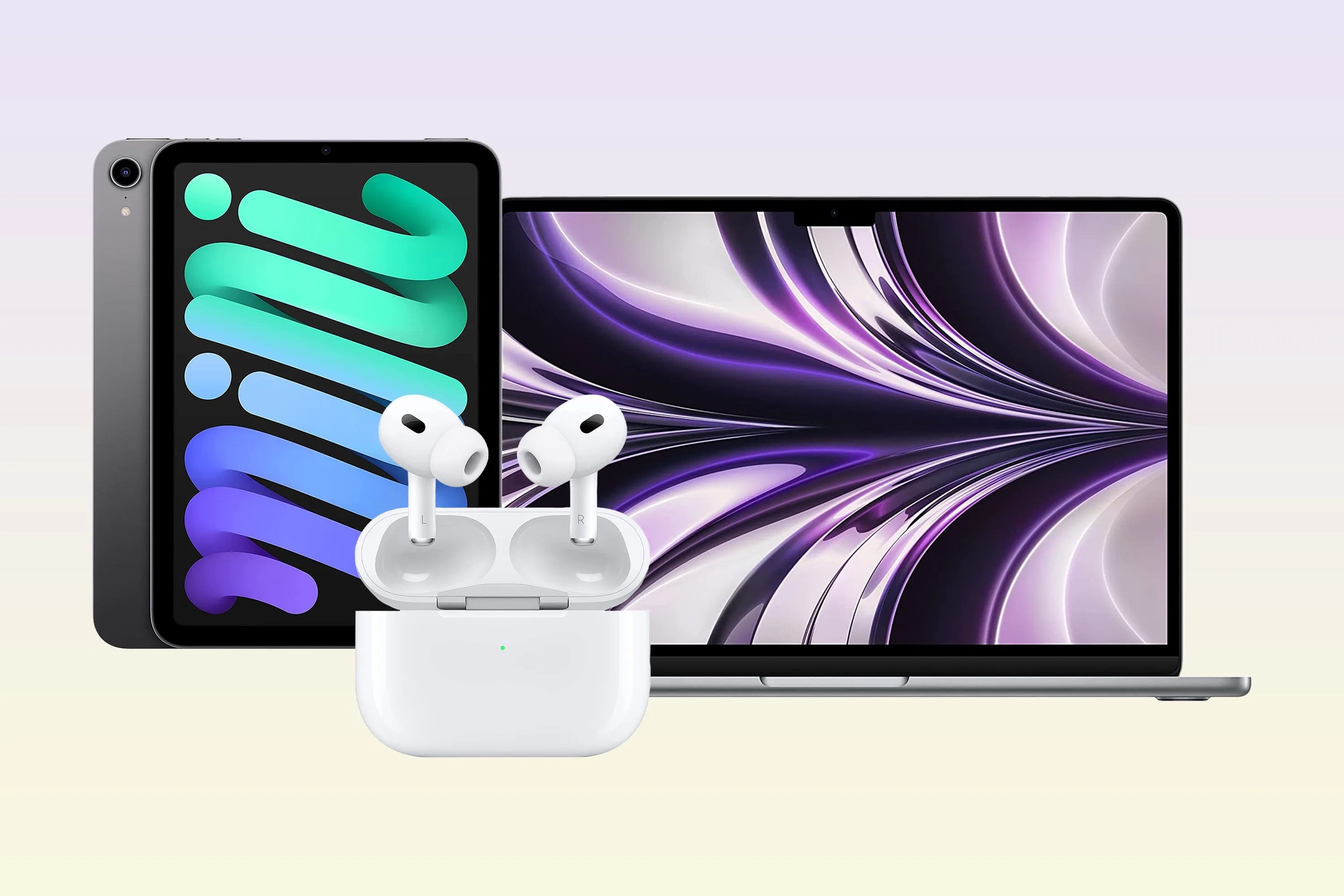 collage of an ipad, air pods, and a macbook