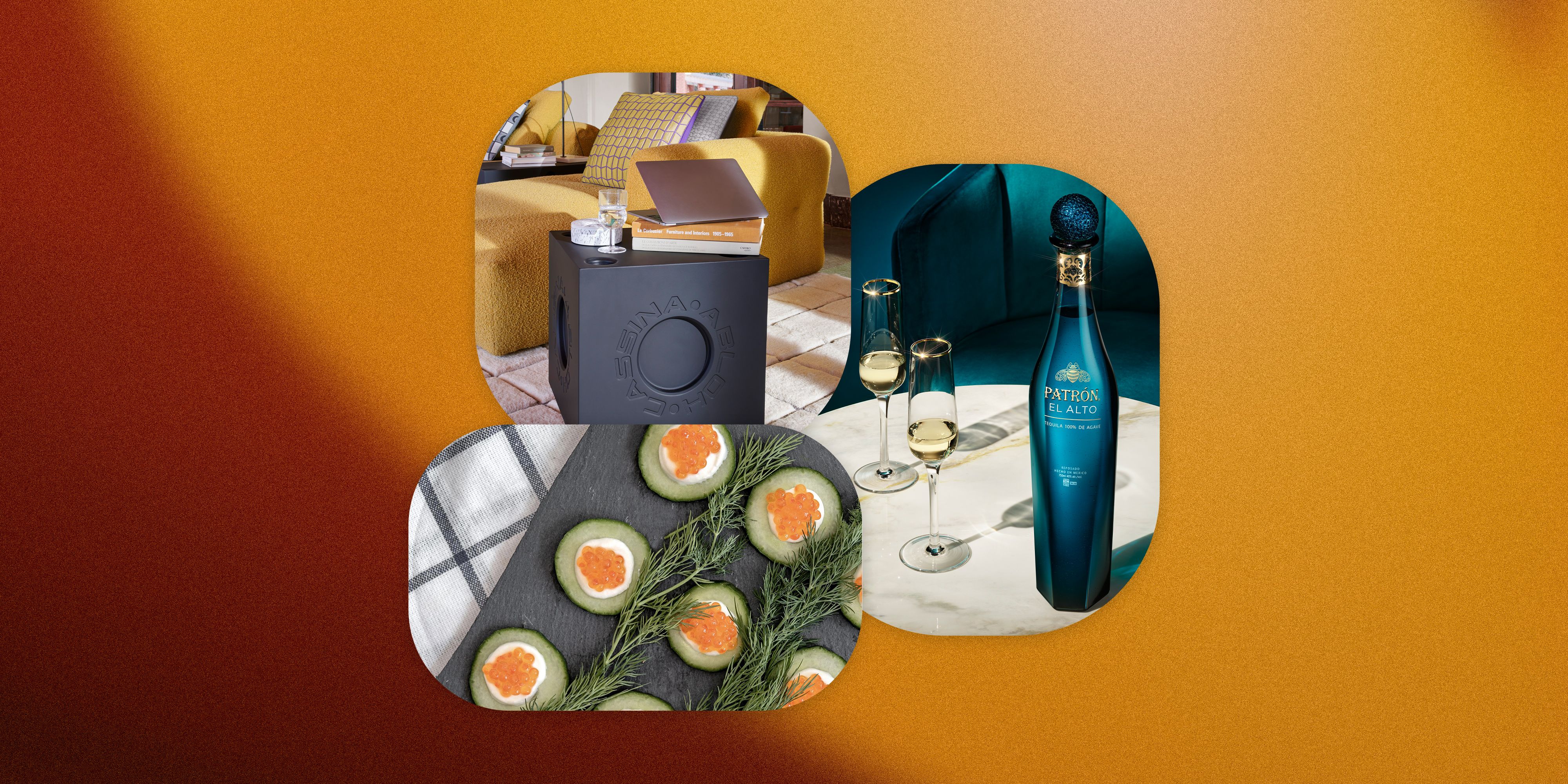 collage of caviar, a modular block table, and patron on a table
