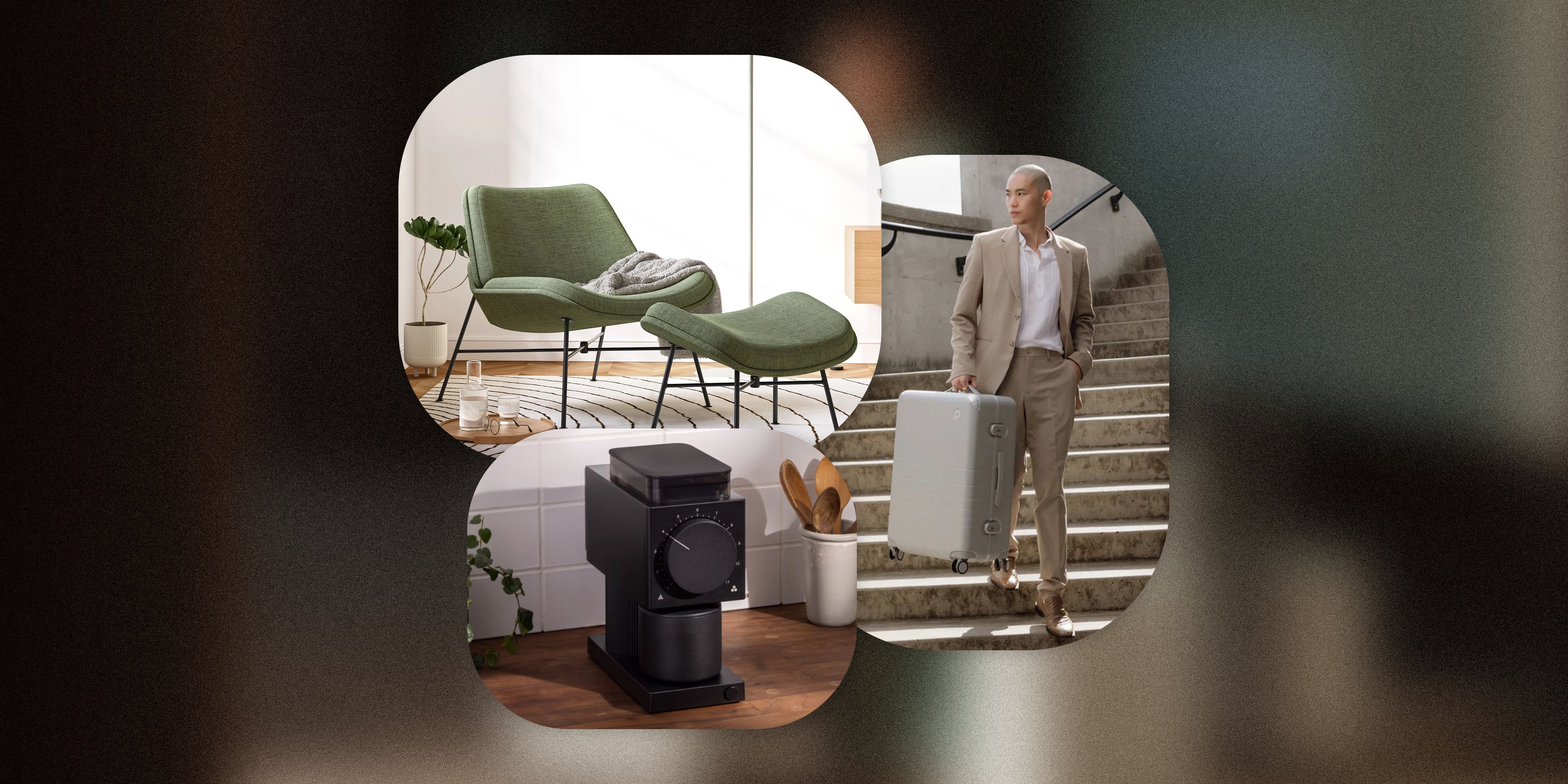 collage of a chair and ottoman, coffee grinder and maker, and a man carrying a hard suitcase