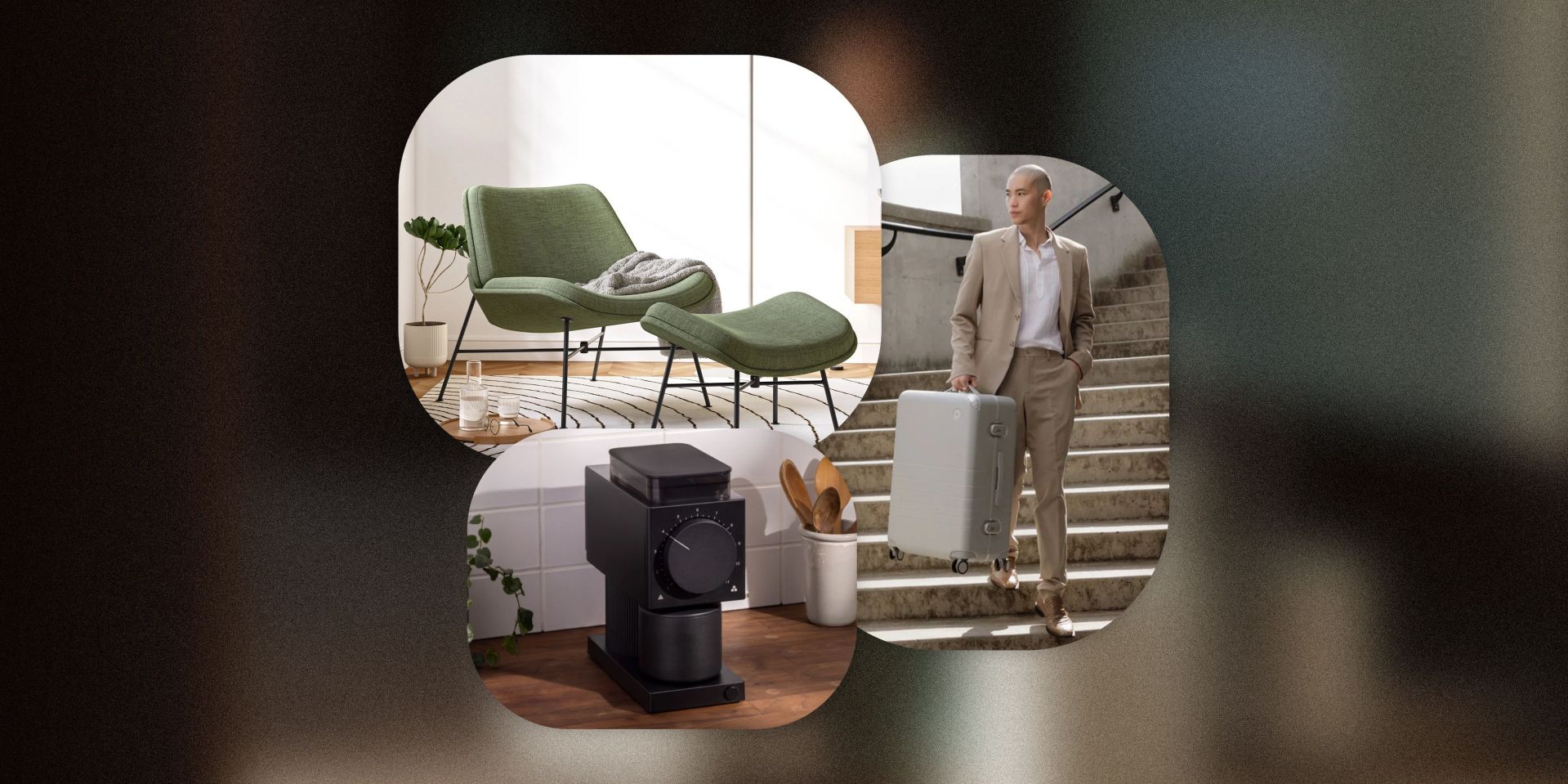 collage of a chair and ottoman, coffee grinder and maker, and a man carrying a hard suitcase