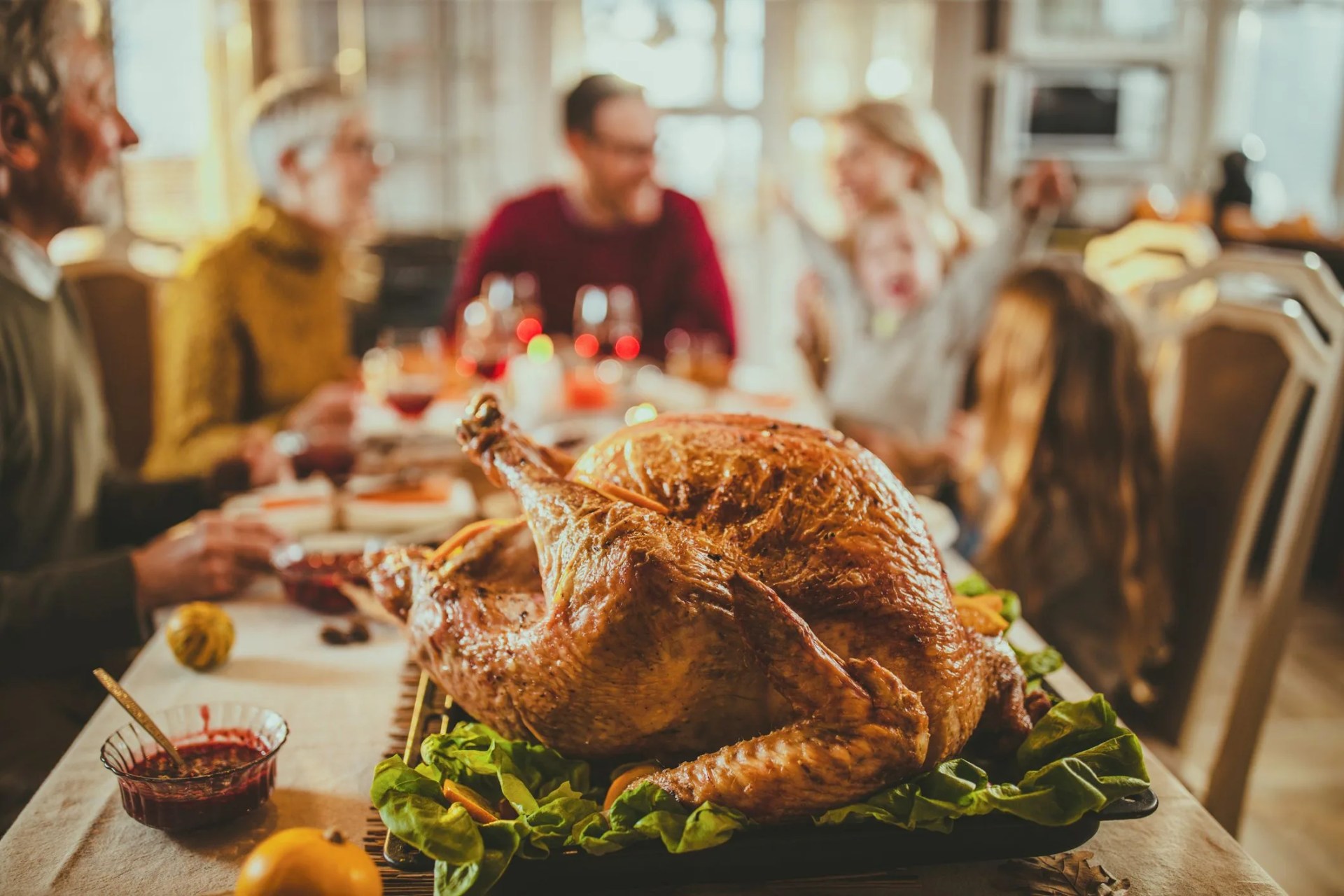 close up of thanksgiving turkey on dining table
