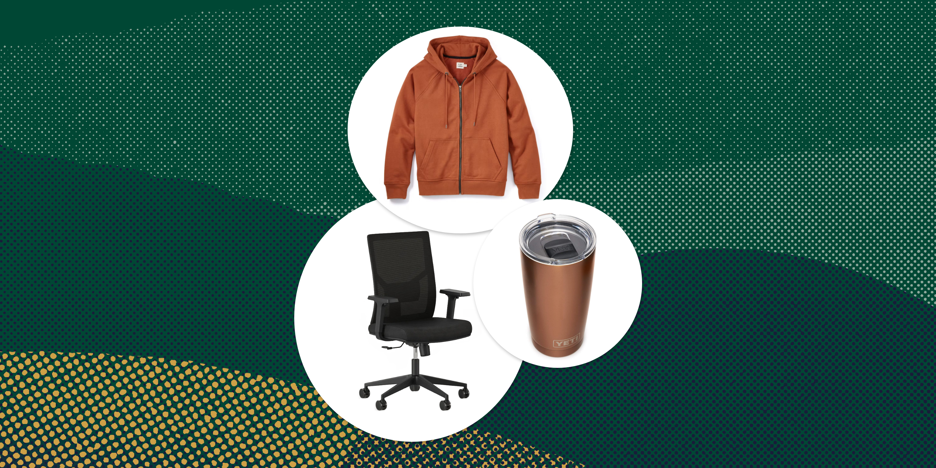 collage of a hoodie, a cup, and an office chair