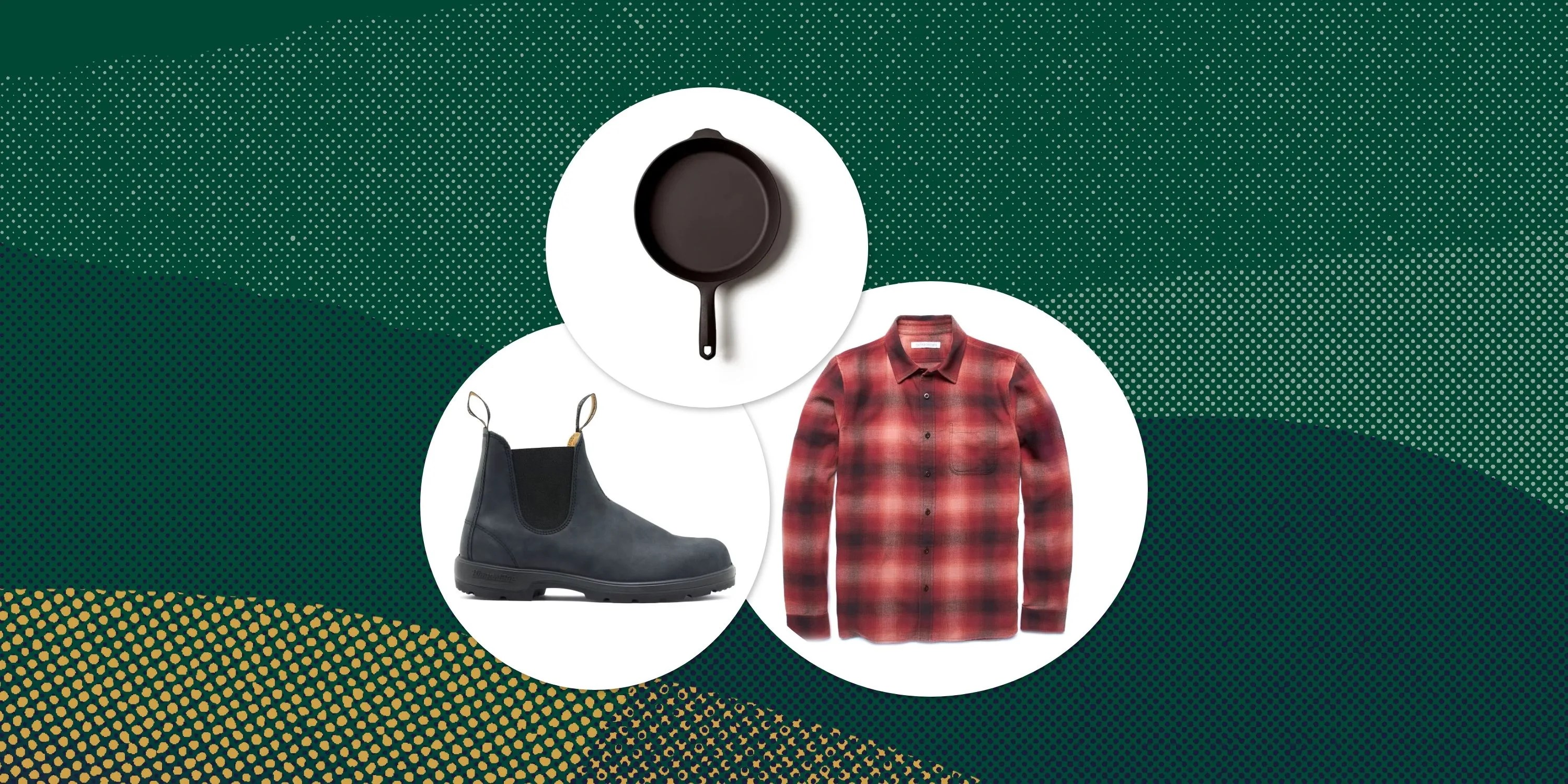 collage of a boot, a flannel, and a cast iron skillet